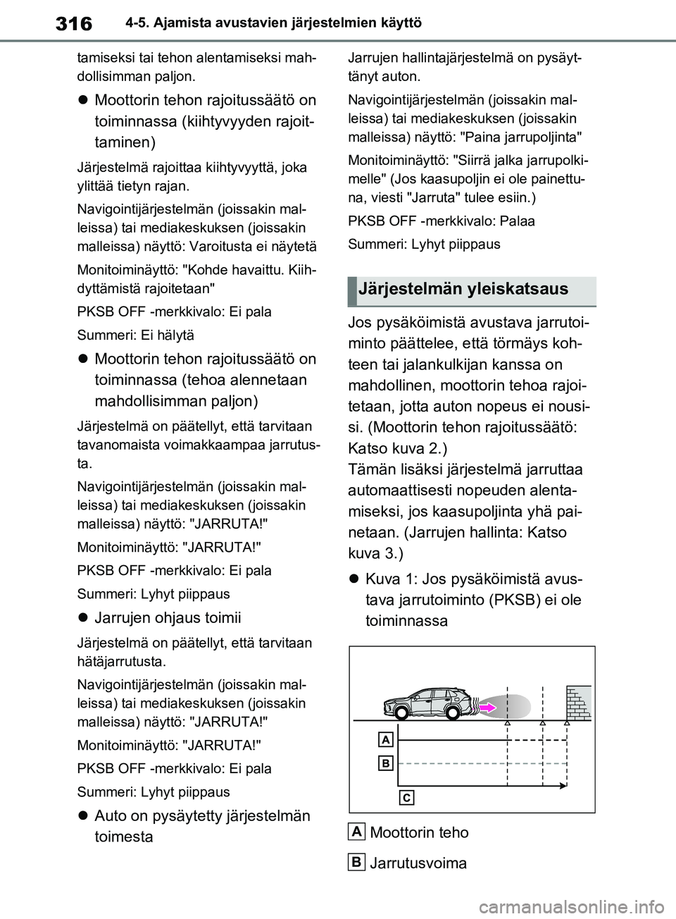 TOYOTA RAV4 2020 Omistajan Käsikirja (in Finnish) 3164-5. Ajamista avustavien järjestelmien käyttö
tamiseksi tai tehon alentamiseksi mah-
dollisimman paljon.
Moottorin tehon rajoitussäätö on
toiminnassa (kiihtyvyyden rajoit-
taminen)
Järj TOYOTA RAV4 2020 Omistajan Käsikirja (in Finnish) 3164-5. Ajamista avustavien järjestelmien käyttö
tamiseksi tai tehon alentamiseksi mah-
dollisimman paljon.
Moottorin tehon rajoitussäätö on
toiminnassa (kiihtyvyyden rajoit-
taminen)
Järj