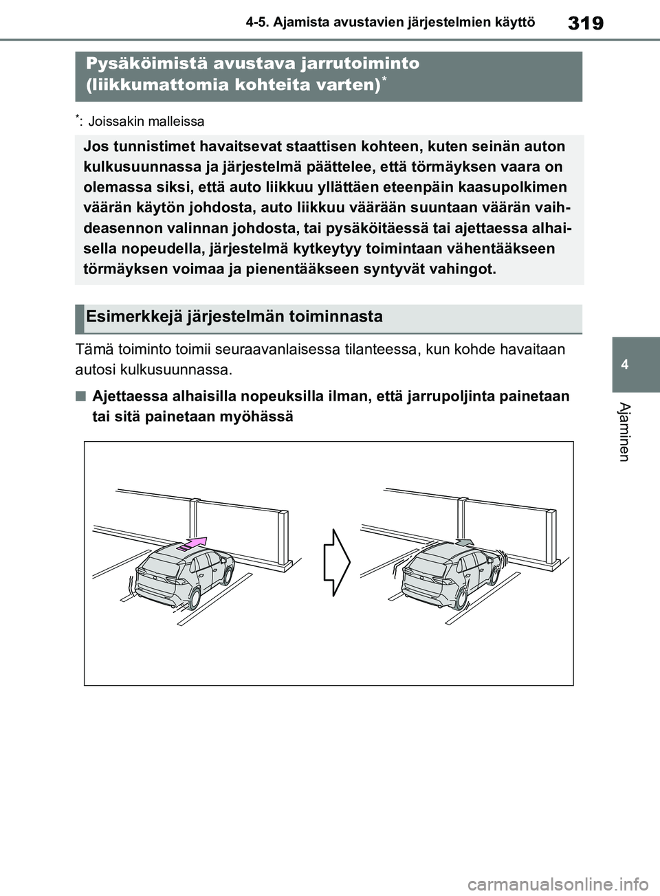 TOYOTA RAV4 2020 Omistajan Käsikirja (in Finnish) 319
4
4-5. Ajamista avustavien järjestelmien käyttö
Ajaminen
*: Joissakin malleissa
Tämä toiminto toimii seuraavanlaise
ssa tilanteessa, kun kohde havaitaan
autosi kulkusuunnassa.
nAjettaessa al TOYOTA RAV4 2020 Omistajan Käsikirja (in Finnish) 319
4
4-5. Ajamista avustavien järjestelmien käyttö
Ajaminen
*: Joissakin malleissa
Tämä toiminto toimii seuraavanlaise
ssa tilanteessa, kun kohde havaitaan
autosi kulkusuunnassa.
nAjettaessa al