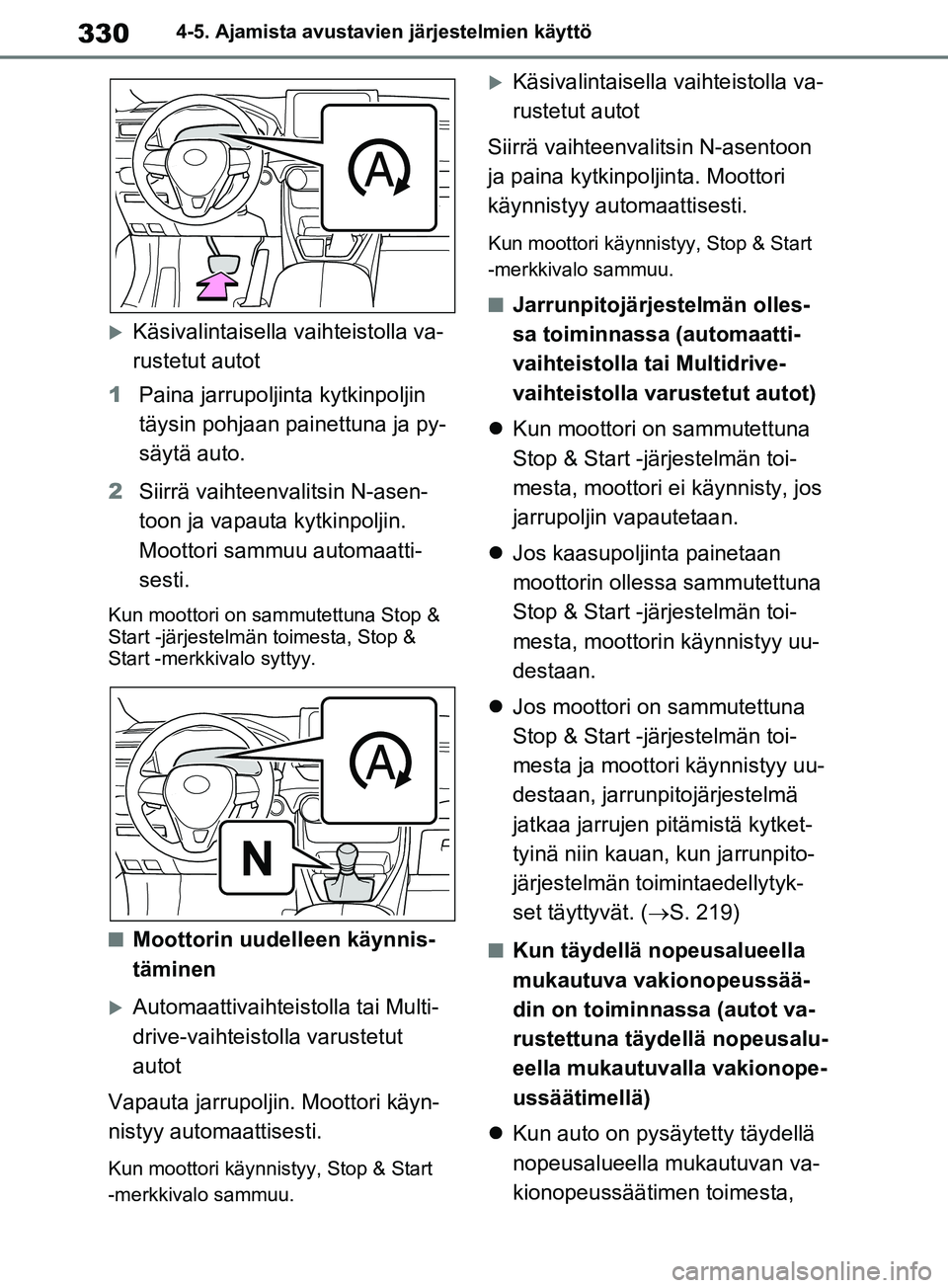 TOYOTA RAV4 2020 Omistajan Käsikirja (in Finnish) 3304-5. Ajamista avustavien järjestelmien käyttö
Käsivalintaisella vaihteistolla va-
rustetut autot
1 Paina jarrupoljinta kytkinpoljin
täysin pohjaan painettuna ja py-
säytä auto.
2 Siirrä TOYOTA RAV4 2020 Omistajan Käsikirja (in Finnish) 3304-5. Ajamista avustavien järjestelmien käyttö
Käsivalintaisella vaihteistolla va-
rustetut autot
1 Paina jarrupoljinta kytkinpoljin
täysin pohjaan painettuna ja py-
säytä auto.
2 Siirrä
