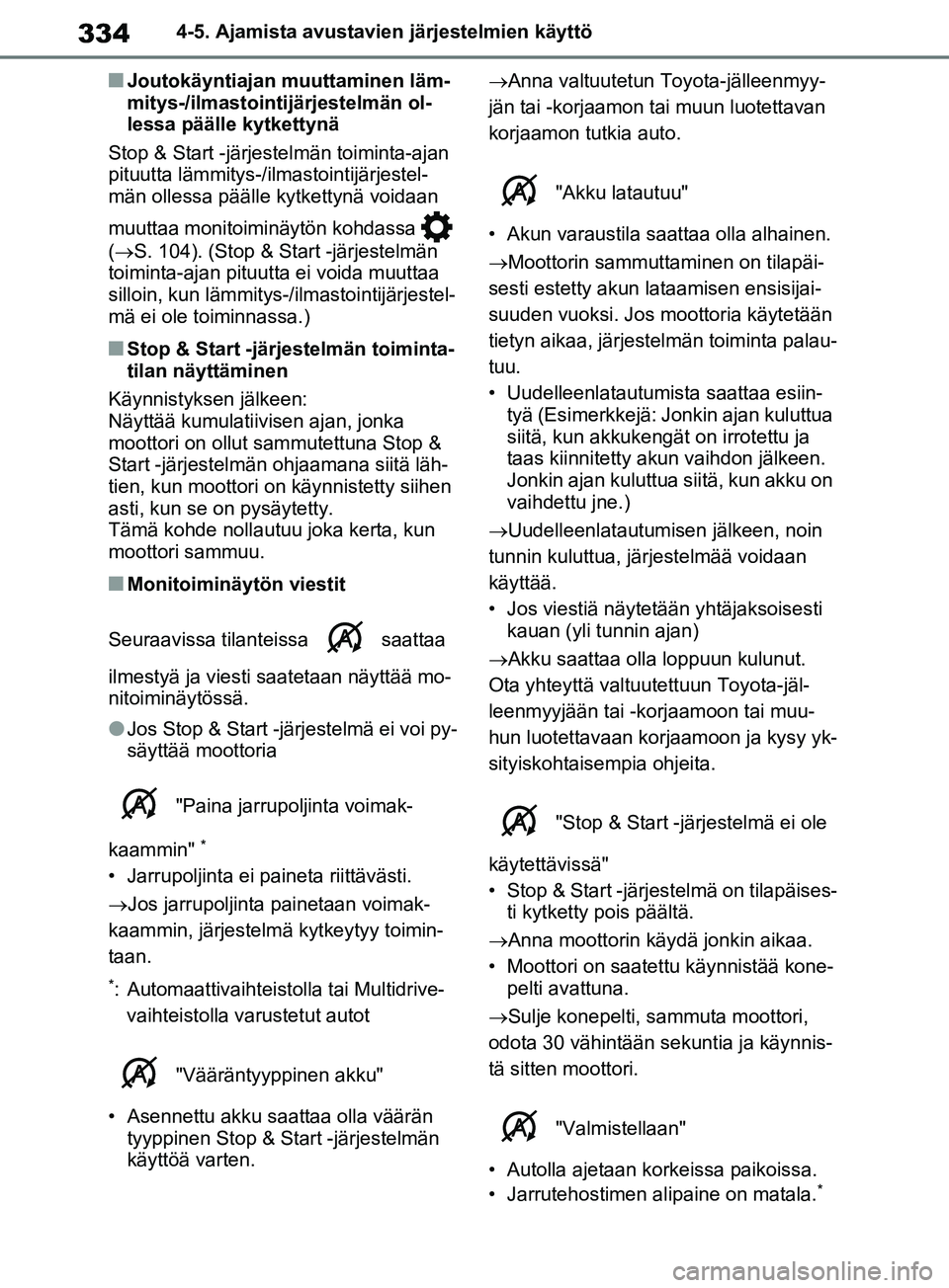 TOYOTA RAV4 2020 Omistajan Käsikirja (in Finnish) 3344-5. Ajamista avustavien järjestelmien käyttö
nJoutokäyntiajan muuttaminen läm-
mitys-/ilmastointijärjestelmän ol-
lessa päälle kytkettynä
Stop & Start -järjestelmän toiminta-ajan
pitu TOYOTA RAV4 2020 Omistajan Käsikirja (in Finnish) 3344-5. Ajamista avustavien järjestelmien käyttö
nJoutokäyntiajan muuttaminen läm-
mitys-/ilmastointijärjestelmän ol-
lessa päälle kytkettynä
Stop & Start -järjestelmän toiminta-ajan
pitu