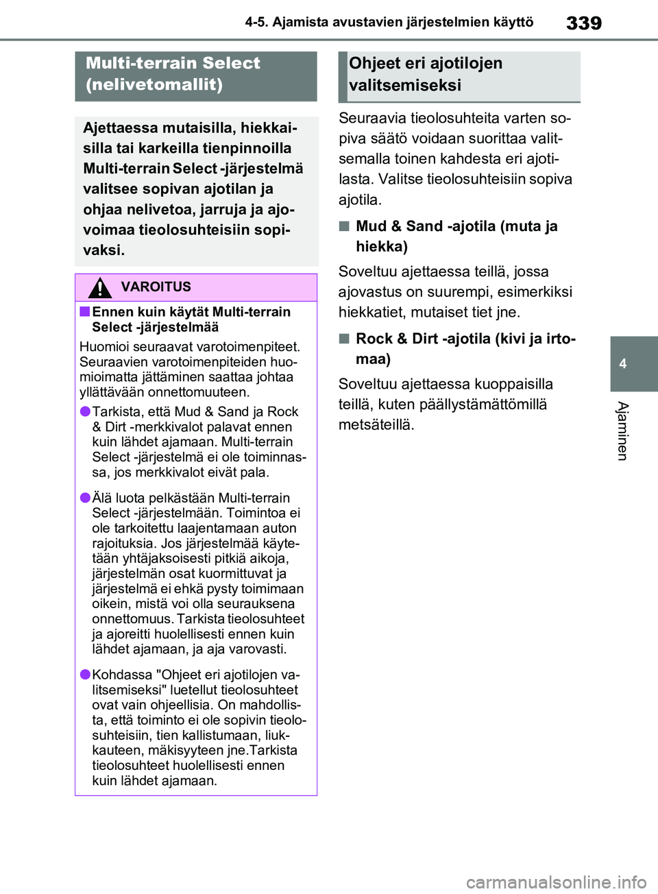 TOYOTA RAV4 2020 Omistajan Käsikirja (in Finnish) 339
4
4-5. Ajamista avustavien järjestelmien käyttö
Ajaminen
Seuraavia tieolosuhteita varten so-
piva säätö voidaan suorittaa valit-
semalla toinen kahdesta eri ajoti-
lasta. Valitse tieolosuhte TOYOTA RAV4 2020 Omistajan Käsikirja (in Finnish) 339
4
4-5. Ajamista avustavien järjestelmien käyttö
Ajaminen
Seuraavia tieolosuhteita varten so-
piva säätö voidaan suorittaa valit-
semalla toinen kahdesta eri ajoti-
lasta. Valitse tieolosuhte