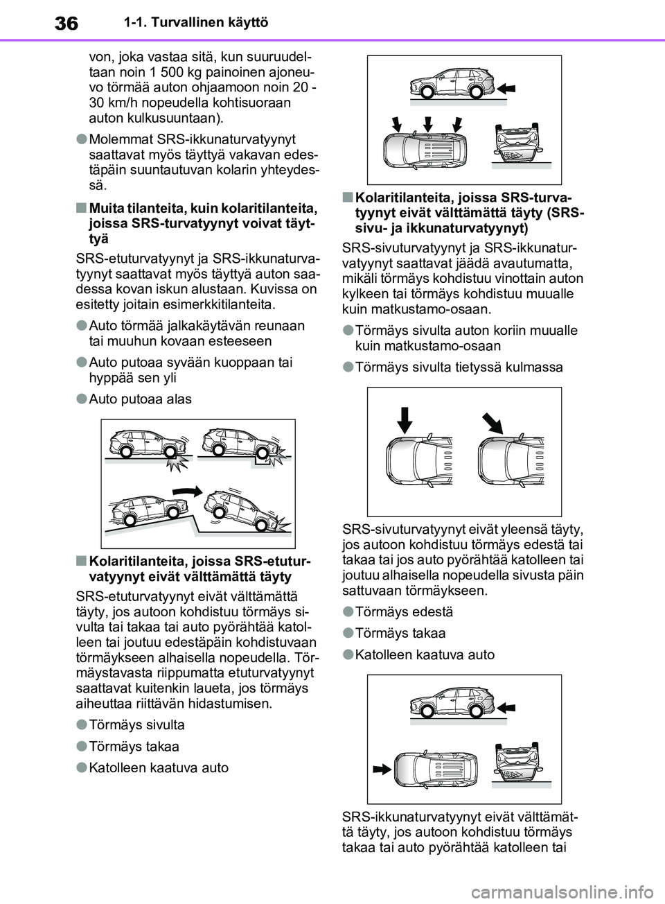 TOYOTA RAV4 2020 Omistajan Käsikirja (in Finnish) 361-1. Turvallinen käyttö
von, joka vastaa sitä, kun suuruudel-
taan noin 1 500 kg painoinen ajoneu-
vo törmää auton ohjaamoon noin 20 -
30 km/h nopeudella kohtisuoraan
auton kulkusuuntaan).
l TOYOTA RAV4 2020 Omistajan Käsikirja (in Finnish) 361-1. Turvallinen käyttö
von, joka vastaa sitä, kun suuruudel-
taan noin 1 500 kg painoinen ajoneu-
vo törmää auton ohjaamoon noin 20 -
30 km/h nopeudella kohtisuoraan
auton kulkusuuntaan).
l