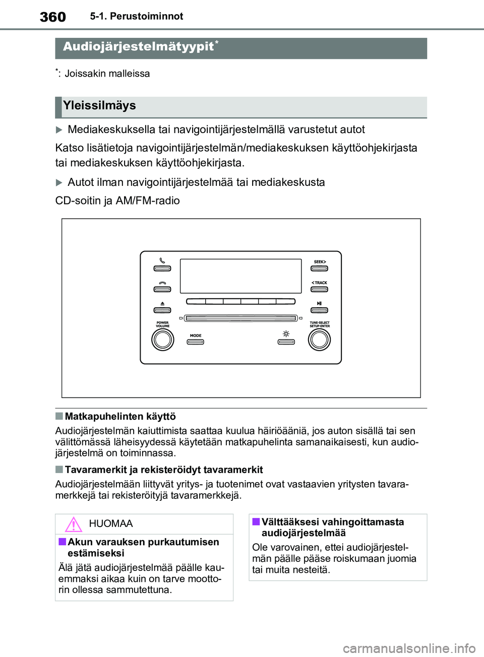 TOYOTA RAV4 2020  Omistajan Käsikirja (in Finnish) 3605-1. Perustoiminnot
5-1.Perustoiminnot
*: Joissakin malleissa
Mediakeskuksella tai navigointijärjestelmällä varustetut autot
Katso lisätietoja navigointijärjestelm än/mediakeskuksen käytt