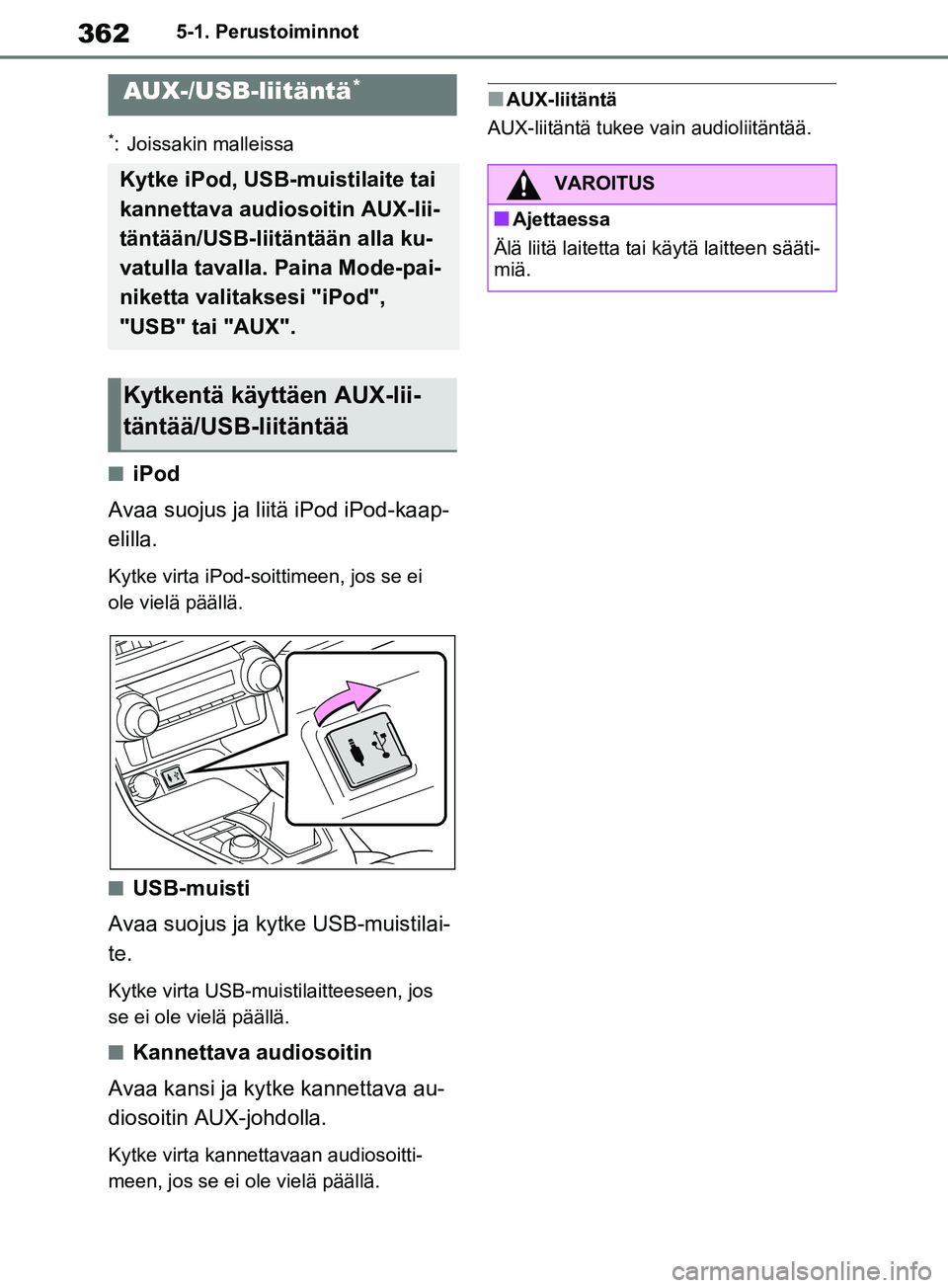 TOYOTA RAV4 2020 Omistajan Käsikirja (in Finnish) 3625-1. Perustoiminnot
*: Joissakin malleissa
niPod
Avaa suojus ja liitä iPod iPod-kaap-
elilla.
Kytke virta iPod-soittimeen, jos se ei
ole vielä päällä.
nUSB-muisti
Avaa suojus ja kytke USB-mui TOYOTA RAV4 2020 Omistajan Käsikirja (in Finnish) 3625-1. Perustoiminnot
*: Joissakin malleissa
niPod
Avaa suojus ja liitä iPod iPod-kaap-
elilla.
Kytke virta iPod-soittimeen, jos se ei
ole vielä päällä.
nUSB-muisti
Avaa suojus ja kytke USB-mui
