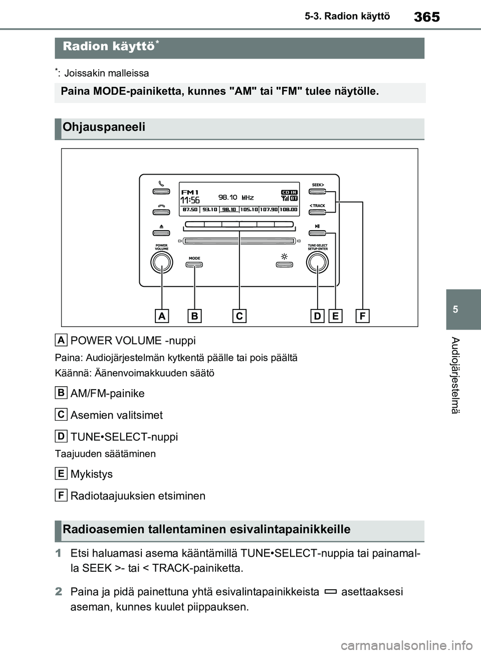 TOYOTA RAV4 2020 Omistajan Käsikirja (in Finnish) 365
5
5-3. Radion käyttö
Audiojärjestelmä
5-3.Radion käyttö
*: Joissakin malleissa
POWER VOLUME -nuppi
Paina: Audiojärjestelmän kytkentä päälle tai pois päältä
Käännä: Äänenvoimakku TOYOTA RAV4 2020 Omistajan Käsikirja (in Finnish) 365
5
5-3. Radion käyttö
Audiojärjestelmä
5-3.Radion käyttö
*: Joissakin malleissa
POWER VOLUME -nuppi
Paina: Audiojärjestelmän kytkentä päälle tai pois päältä
Käännä: Äänenvoimakku