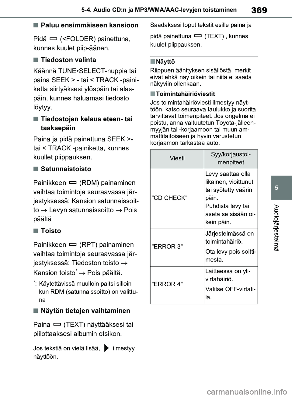 TOYOTA RAV4 2020 Omistajan Käsikirja (in Finnish) 369
5
5-4. Audio CD:n ja MP3/WMA/AAC-levyjen toistaminen
Audiojärjestelmä
nPaluu ensimmäiseen kansioon
Pidä (<FOLDER) painettuna,
kunnes kuulet piip-äänen.
nTiedoston valinta
Käännä TUNE• TOYOTA RAV4 2020 Omistajan Käsikirja (in Finnish) 369
5
5-4. Audio CD:n ja MP3/WMA/AAC-levyjen toistaminen
Audiojärjestelmä
nPaluu ensimmäiseen kansioon
Pidä (<FOLDER) painettuna,
kunnes kuulet piip-äänen.
nTiedoston valinta
Käännä TUNE•