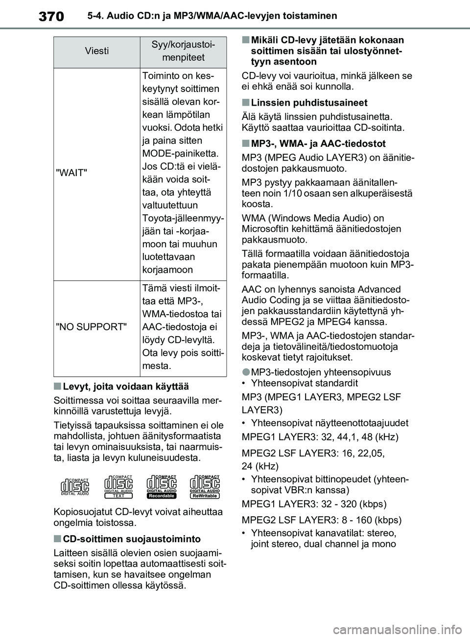 TOYOTA RAV4 2020 Omistajan Käsikirja (in Finnish) 3705-4. Audio CD:n ja MP3/WMA/AAC-levyjen toistaminen
nLevyt, joita voidaan käyttää
Soittimessa voi soit taa seuraavilla mer-
kinnöillä varustettuja levyjä.
Tietyissä tapauksissa soittaminen e TOYOTA RAV4 2020 Omistajan Käsikirja (in Finnish) 3705-4. Audio CD:n ja MP3/WMA/AAC-levyjen toistaminen
nLevyt, joita voidaan käyttää
Soittimessa voi soit taa seuraavilla mer-
kinnöillä varustettuja levyjä.
Tietyissä tapauksissa soittaminen e