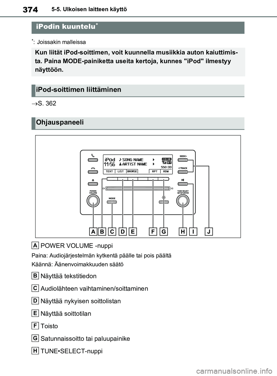 TOYOTA RAV4 2020  Omistajan Käsikirja (in Finnish) 3745-5. Ulkoisen laitteen käyttö
5-5.Ulkoisen laitteen käyttö
*: Joissakin malleissa
S. 362
POWER VOLUME -nuppi
Paina: Audiojärjestelmän kytkentä päälle tai pois päältä
Käännä: Ään