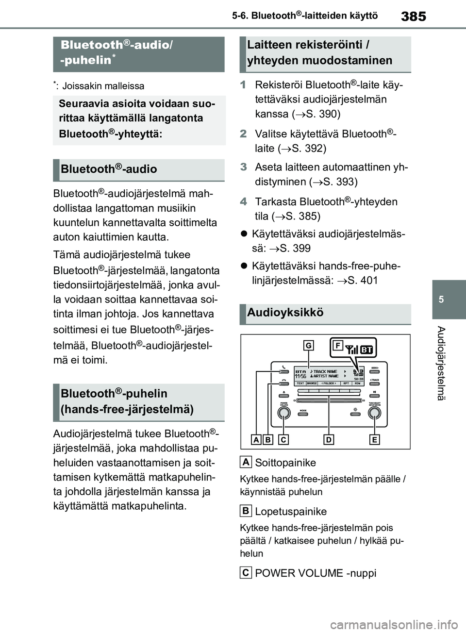 TOYOTA RAV4 2020 Omistajan Käsikirja (in Finnish) 385
5
5-6. Bluetooth
®-laitteiden käyttö
Audiojärjestelmä
5-6.Bluetooth®-laitteiden käyttö
*: Joissakin malleissa
Bluetooth®-audiojärjestelmä mah-
dollistaa langattoman musiikin
kuuntelun TOYOTA RAV4 2020 Omistajan Käsikirja (in Finnish) 385
5
5-6. Bluetooth
®-laitteiden käyttö
Audiojärjestelmä
5-6.Bluetooth®-laitteiden käyttö
*: Joissakin malleissa
Bluetooth®-audiojärjestelmä mah-
dollistaa langattoman musiikin
kuuntelun