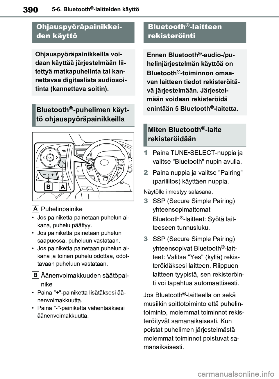 TOYOTA RAV4 2020 Omistajan Käsikirja (in Finnish) 3905-6. Bluetooth®-laitteiden käyttö
Puhelinpainike
• Jos painiketta painetaan puhelun ai-kana, puhelu päättyy.
• Jos painiketta painetaan puhelun saapuessa, puheluun vastataan.
• Jos pain TOYOTA RAV4 2020 Omistajan Käsikirja (in Finnish) 3905-6. Bluetooth®-laitteiden käyttö
Puhelinpainike
• Jos painiketta painetaan puhelun ai-kana, puhelu päättyy.
• Jos painiketta painetaan puhelun saapuessa, puheluun vastataan.
• Jos pain