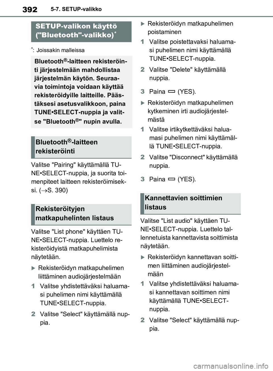 TOYOTA RAV4 2020 Omistajan Käsikirja (in Finnish) 3925-7. SETUP-valikko
5-7.SETUP-valikko
*: Joissakin malleissa
Valitse "Pairing" käyttämällä TU-
NE•SELECT-nuppia, ja suorita toi-
menpiteet laitteen rekisteröimisek-
si. (S. 390)
Valitse "L TOYOTA RAV4 2020 Omistajan Käsikirja (in Finnish) 3925-7. SETUP-valikko
5-7.SETUP-valikko
*: Joissakin malleissa
Valitse "Pairing" käyttämällä TU-
NE•SELECT-nuppia, ja suorita toi-
menpiteet laitteen rekisteröimisek-
si. (S. 390)
Valitse "L