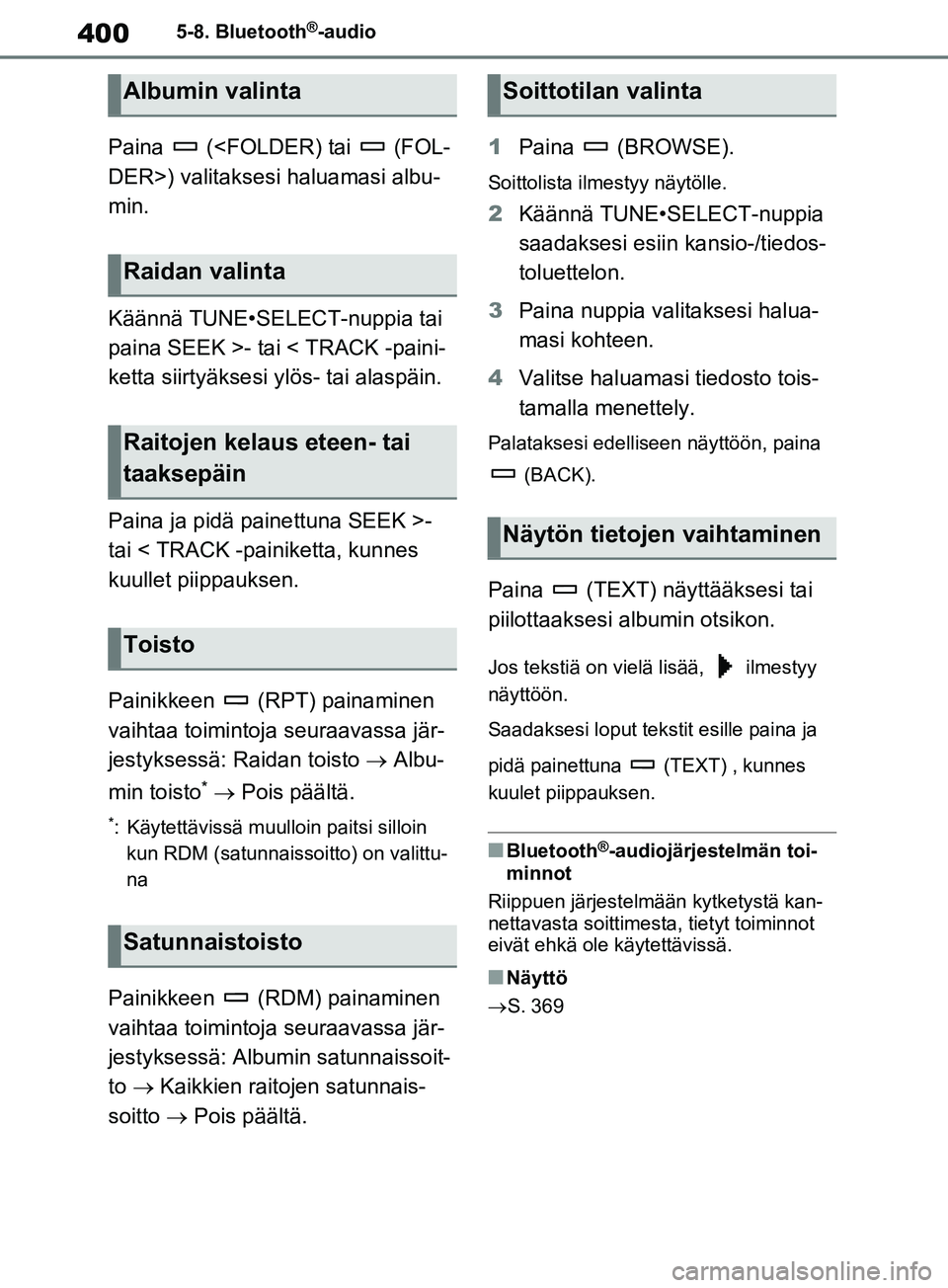 TOYOTA RAV4 2020 Omistajan Käsikirja (in Finnish) 4005-8. Bluetooth®-audio
Paina (<FOLDER) tai (FOL-
DER>) valitaksesi haluamasi albu-
min.
Käännä TUNE•SELECT-nuppia tai
paina SEEK >- tai < TRACK -paini-
ketta siirtyäksesi ylös- tai alas TOYOTA RAV4 2020 Omistajan Käsikirja (in Finnish) 4005-8. Bluetooth®-audio
Paina (<FOLDER) tai (FOL-
DER>) valitaksesi haluamasi albu-
min.
Käännä TUNE•SELECT-nuppia tai
paina SEEK >- tai < TRACK -paini-
ketta siirtyäksesi ylös- tai alas