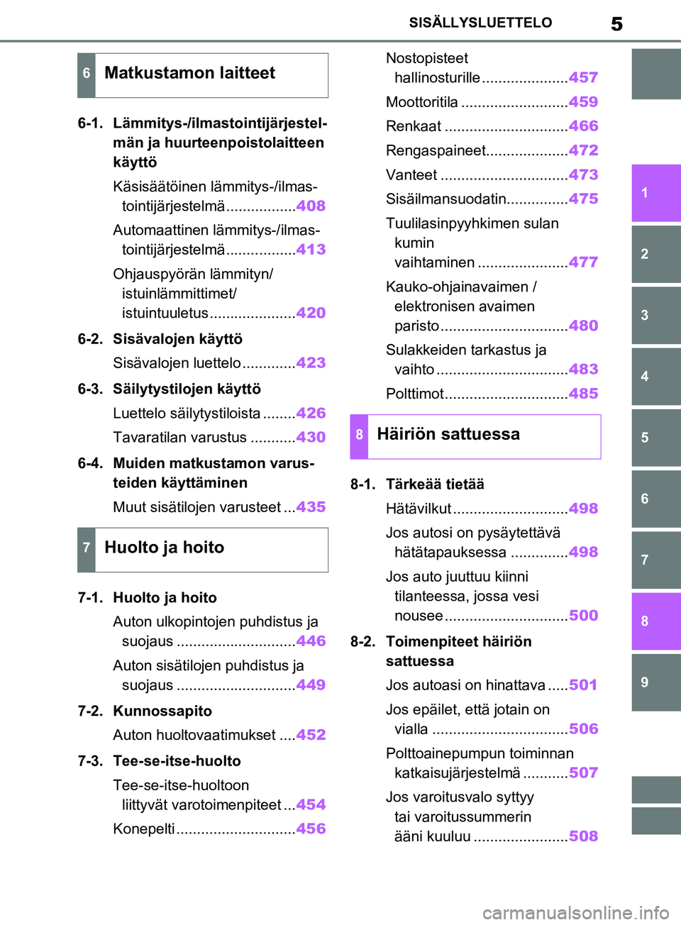 TOYOTA RAV4 2020 Omistajan Käsikirja (in Finnish) 5SISÄLLYSLUETTELO
1
6 5
4
3
2
8
7
9
6-1. Lämmitys-/ilmastointijärjestel-män ja huurteenpoistolaitteen
käyttö
Käsisäätöinen lämmitys-/ilmas-tointijärjestelmä................. 408
Automaat TOYOTA RAV4 2020 Omistajan Käsikirja (in Finnish) 5SISÄLLYSLUETTELO
1
6 5
4
3
2
8
7
9
6-1. Lämmitys-/ilmastointijärjestel-män ja huurteenpoistolaitteen
käyttö
Käsisäätöinen lämmitys-/ilmas-tointijärjestelmä................. 408
Automaat