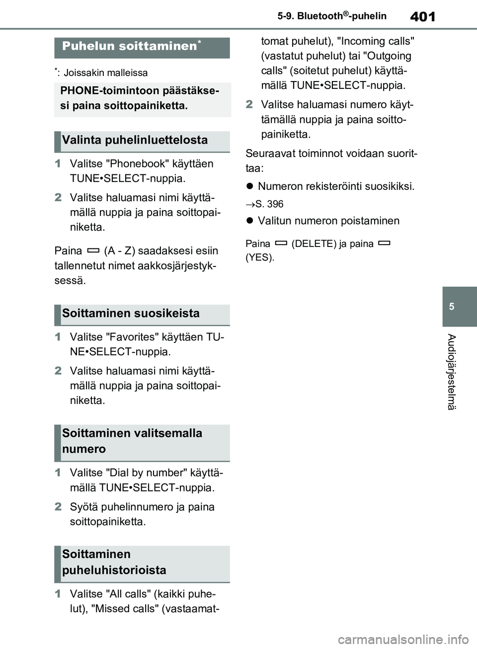 TOYOTA RAV4 2020 Omistajan Käsikirja (in Finnish) 401
5
5-9. Bluetooth
®-puhelin
Audiojärjestelmä
5-9.Bluetooth®-puhelin
*: Joissakin malleissa
1
Valitse "Phonebook ʺ käyttäen
TUNE•SELECT-nuppia.
2 Valitse haluamasi nimi käyttä-
mällä n TOYOTA RAV4 2020 Omistajan Käsikirja (in Finnish) 401
5
5-9. Bluetooth
®-puhelin
Audiojärjestelmä
5-9.Bluetooth®-puhelin
*: Joissakin malleissa
1
Valitse "Phonebook ʺ käyttäen
TUNE•SELECT-nuppia.
2 Valitse haluamasi nimi käyttä-
mällä n