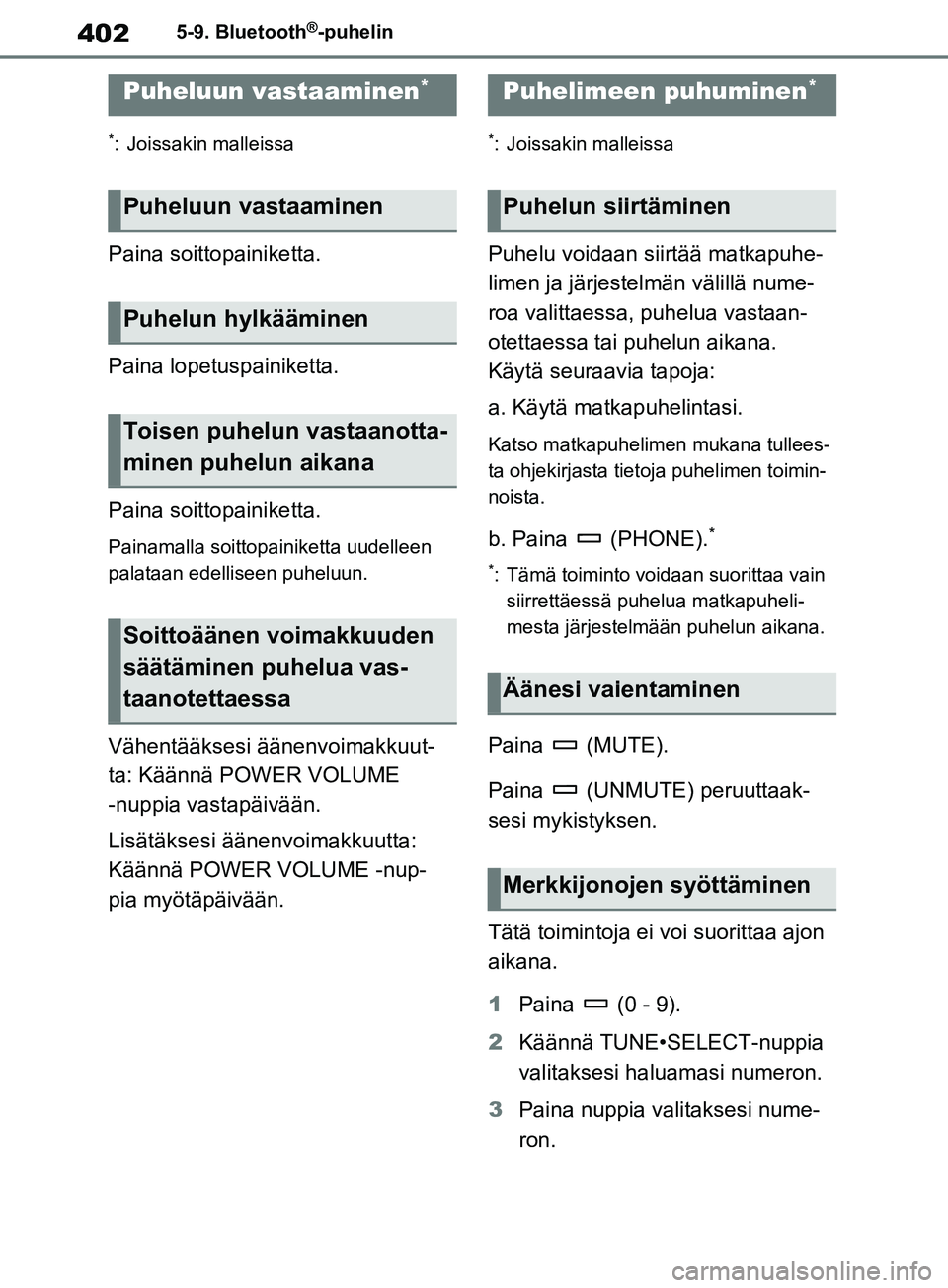 TOYOTA RAV4 2020 Omistajan Käsikirja (in Finnish) 4025-9. Bluetooth®-puhelin
*: Joissakin malleissa
Paina soittopainiketta.
Paina lopetuspainiketta.
Paina soitto painiketta.
Painamalla soittopainiketta uudelleen
palataan edelliseen puheluun.
Vähen TOYOTA RAV4 2020 Omistajan Käsikirja (in Finnish) 4025-9. Bluetooth®-puhelin
*: Joissakin malleissa
Paina soittopainiketta.
Paina lopetuspainiketta.
Paina soitto painiketta.
Painamalla soittopainiketta uudelleen
palataan edelliseen puheluun.
Vähen