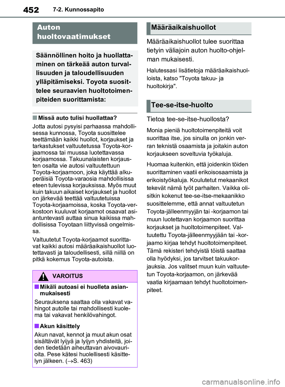 TOYOTA RAV4 2020 Omistajan Käsikirja (in Finnish) 4527-2. Kunnossapito
7-2.Kunnossapito
nMissä auto tulisi huollattaa?
Jotta autosi pysyisi parhaassa mahdolli-
sessa kunnossa, Toyota suosittelee
teettämään kaikki huollot, korjaukset ja
tarkast TOYOTA RAV4 2020 Omistajan Käsikirja (in Finnish) 4527-2. Kunnossapito
7-2.Kunnossapito
nMissä auto tulisi huollattaa?
Jotta autosi pysyisi parhaassa mahdolli-
sessa kunnossa, Toyota suosittelee
teettämään kaikki huollot, korjaukset ja
tarkast