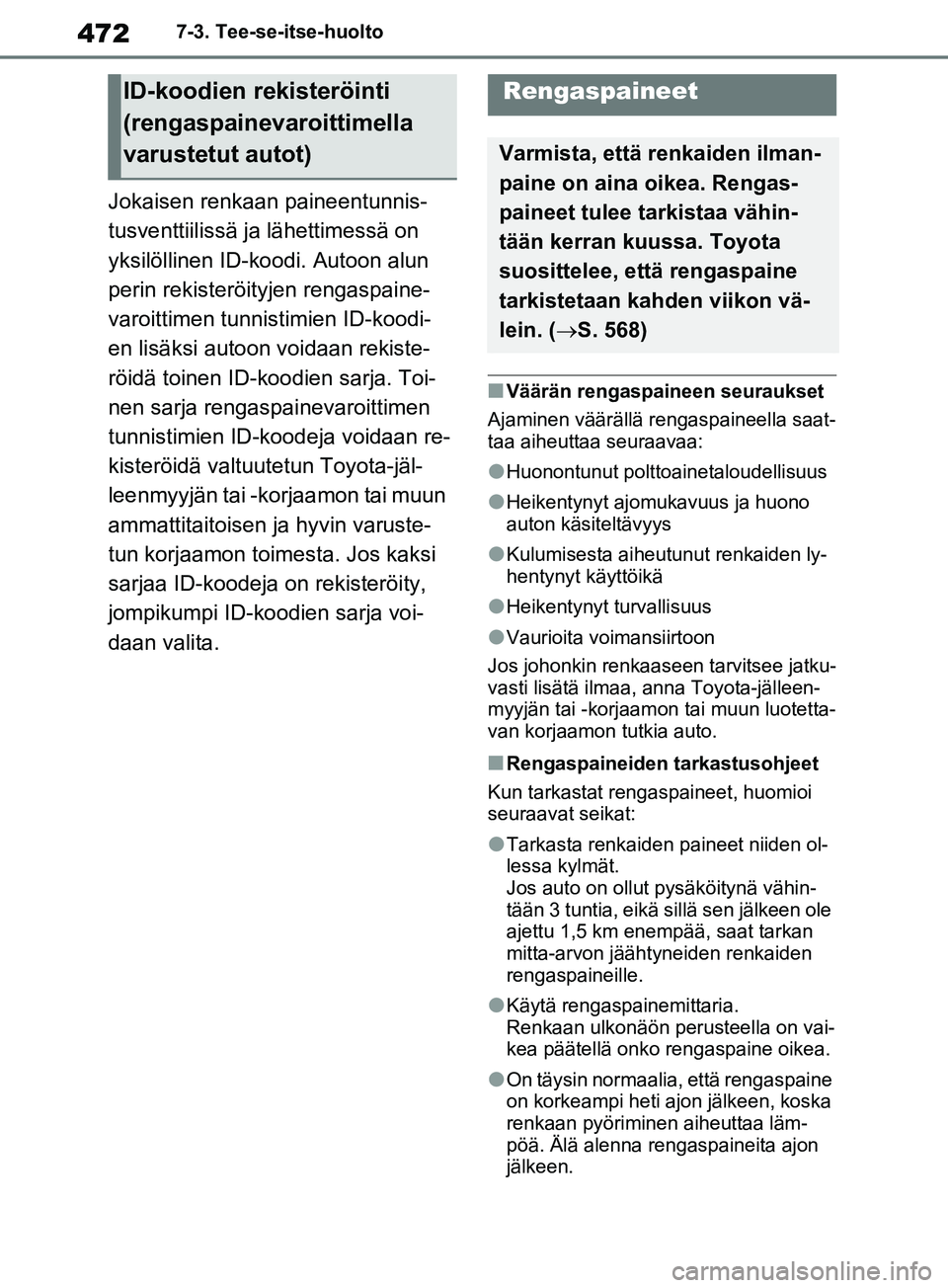 TOYOTA RAV4 2020 Omistajan Käsikirja (in Finnish) 4727-3. Tee-se-itse-huolto
Jokaisen renkaan paineentunnis-
tusventtiilissä ja lähettimessä on
yksilöllinen ID-koodi. Autoon alun
perin rekisteröityjen rengaspaine-
varoittimen tunnistimien ID-k TOYOTA RAV4 2020 Omistajan Käsikirja (in Finnish) 4727-3. Tee-se-itse-huolto
Jokaisen renkaan paineentunnis-
tusventtiilissä ja lähettimessä on
yksilöllinen ID-koodi. Autoon alun
perin rekisteröityjen rengaspaine-
varoittimen tunnistimien ID-k