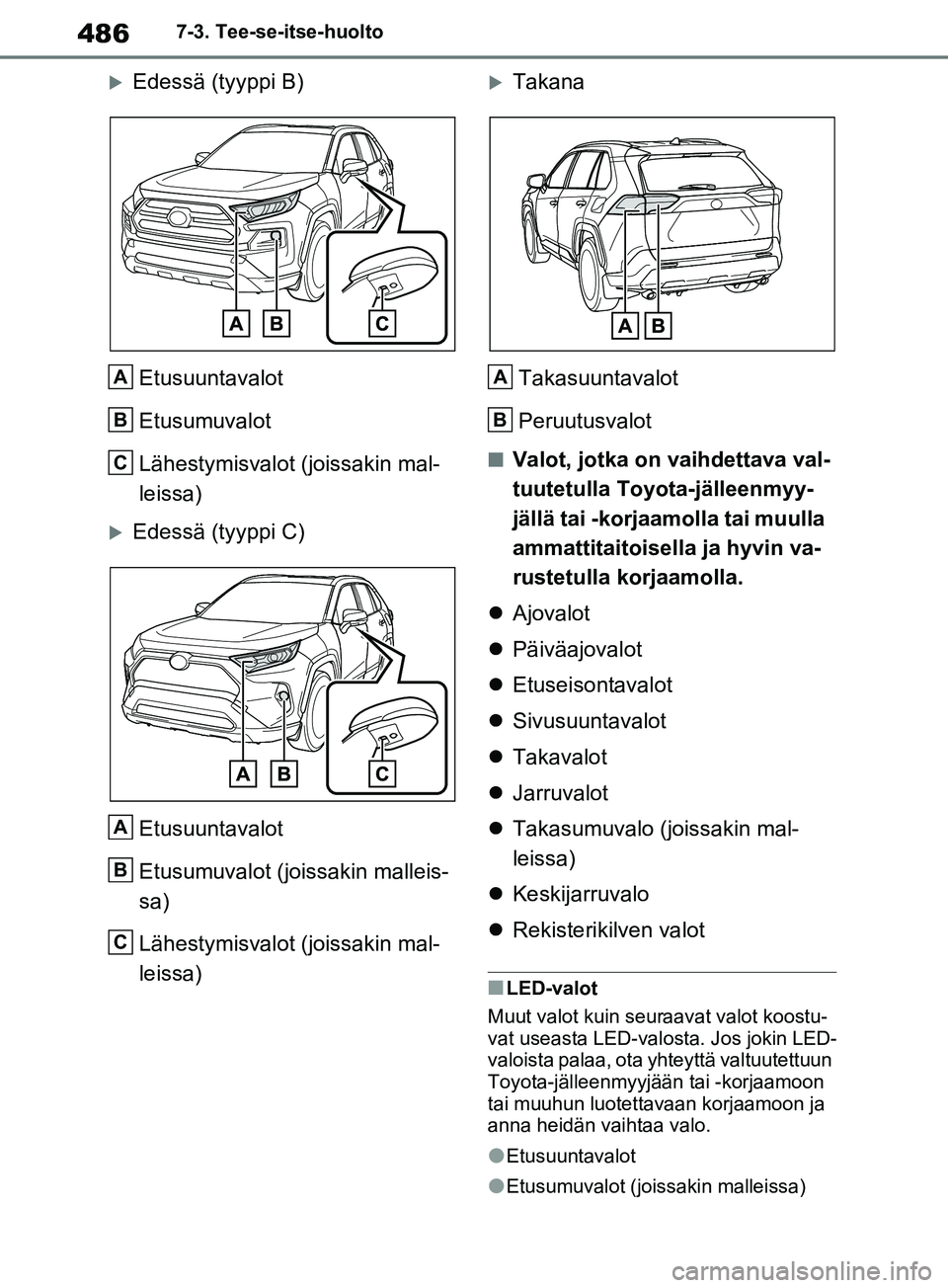 TOYOTA RAV4 2020 Omistajan Käsikirja (in Finnish) 4867-3. Tee-se-itse-huolto
Edessä (tyyppi B)Etusuuntavalot
Etusumuvalot
Lähestymisvalot (joissakin mal-
leissa)
Edessä (tyyppi C)Etusuuntavalot
Etusumuvalot (joissakin malleis-
sa)
Lähestym TOYOTA RAV4 2020 Omistajan Käsikirja (in Finnish) 4867-3. Tee-se-itse-huolto
Edessä (tyyppi B)Etusuuntavalot
Etusumuvalot
Lähestymisvalot (joissakin mal-
leissa)
Edessä (tyyppi C)Etusuuntavalot
Etusumuvalot (joissakin malleis-
sa)
Lähestym