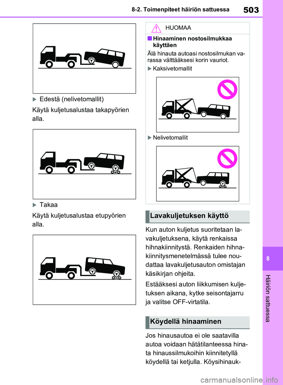 TOYOTA RAV4 2020 Omistajan Käsikirja (in Finnish) 503
8
8-2. Toimenpiteet häiriön sattuessa
Häiriön sattuessa
Edestä (nelivetomallit)
Käytä kuljetusalustaa takapyörien
alla.
Takaa
Käytä kuljetusalustaa etupyörien
alla. Kun auton ku TOYOTA RAV4 2020 Omistajan Käsikirja (in Finnish) 503
8
8-2. Toimenpiteet häiriön sattuessa
Häiriön sattuessa
Edestä (nelivetomallit)
Käytä kuljetusalustaa takapyörien
alla.
Takaa
Käytä kuljetusalustaa etupyörien
alla. Kun auton ku