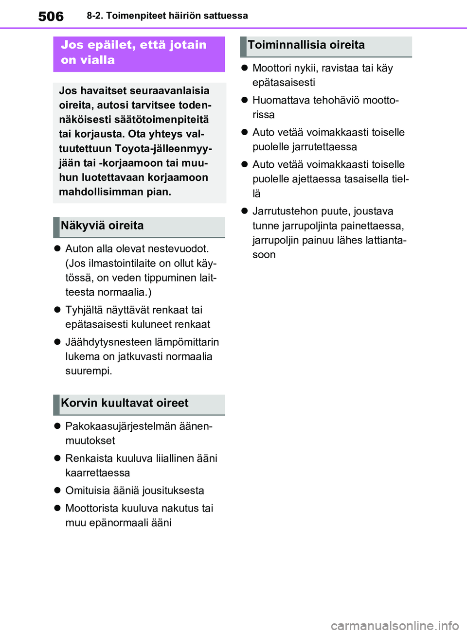 TOYOTA RAV4 2020 Omistajan Käsikirja (in Finnish) 5068-2. Toimenpiteet häiriön sattuessa
Auton alla olevat nestevuodot.
(Jos ilmastointila ite on ollut käy-
tössä, on veden tippuminen lait-
teesta normaalia.)
Tyhjältä näyttävät renka TOYOTA RAV4 2020 Omistajan Käsikirja (in Finnish) 5068-2. Toimenpiteet häiriön sattuessa
Auton alla olevat nestevuodot.
(Jos ilmastointila ite on ollut käy-
tössä, on veden tippuminen lait-
teesta normaalia.)
Tyhjältä näyttävät renka