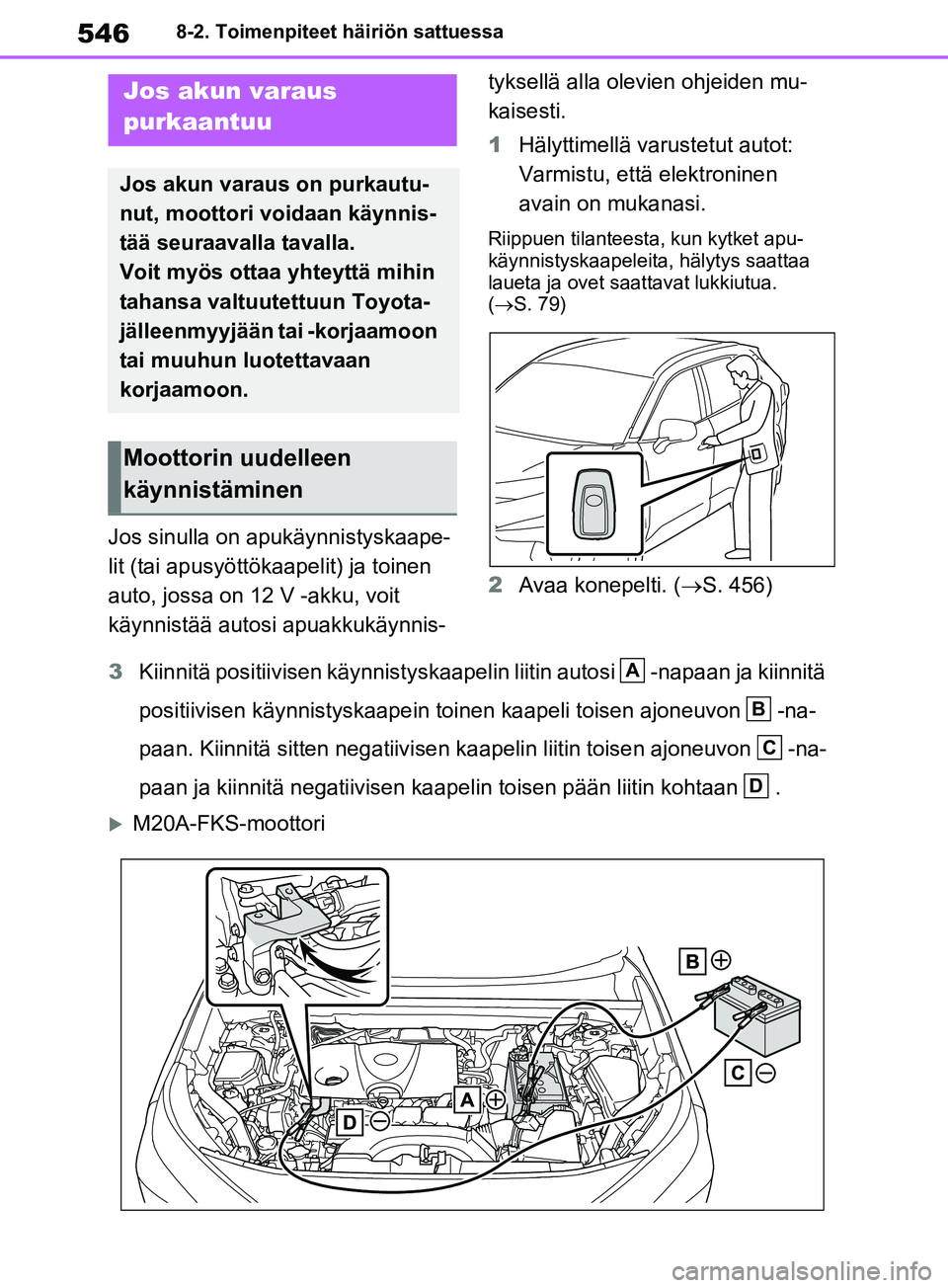 TOYOTA RAV4 2020  Omistajan Käsikirja (in Finnish) 5468-2. Toimenpiteet häiriön sattuessa
Jos sinulla on apukäynnistyskaape-
lit (tai apusyöttökaapelit) ja toinen 
auto, jossa on 12 V -akku, voit 
käynnistää autosi apuakkukäynnis-tyksellä al