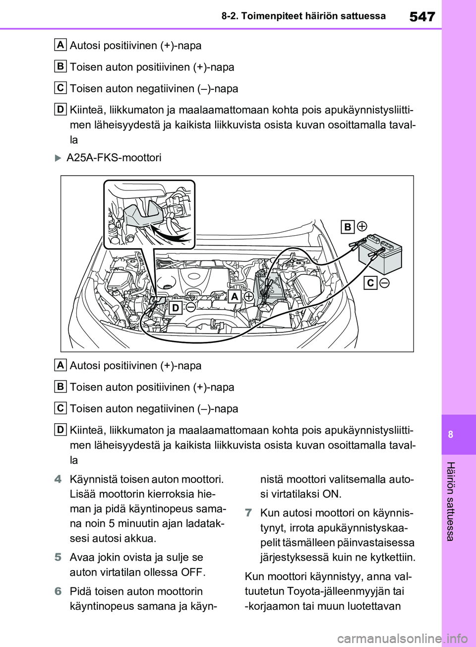 TOYOTA RAV4 2020  Omistajan Käsikirja (in Finnish) 547
8
8-2. Toimenpiteet häiriön sattuessa
Häiriön sattuessa
Autosi positiivinen (+)-napa
Toisen auton positiivinen (+)-napa
Toisen auton negatiivinen (–)-napa
Kiinteä, liikkumaton ja
 maalaamat