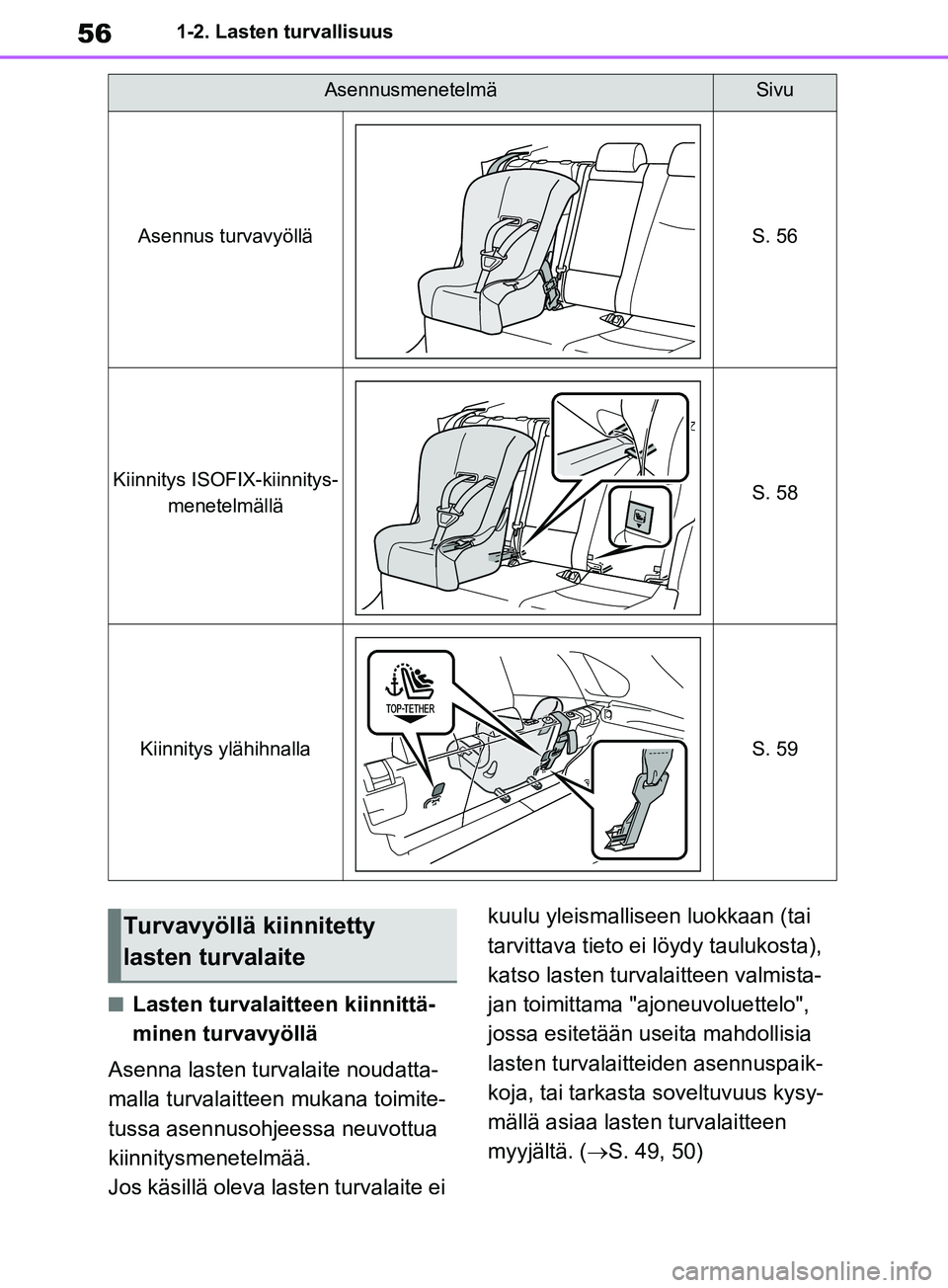 TOYOTA RAV4 2020 Omistajan Käsikirja (in Finnish) 561-2. Lasten turvallisuus
nLasten turvalaitteen kiinnittä-
minen turvavyöllä
Asenna lasten turvalaite noudatta-
malla turvalaitteen mukana toimite-
tussa asennusohjeessa neuvottua
kiinnitysmenet TOYOTA RAV4 2020 Omistajan Käsikirja (in Finnish) 561-2. Lasten turvallisuus
nLasten turvalaitteen kiinnittä-
minen turvavyöllä
Asenna lasten turvalaite noudatta-
malla turvalaitteen mukana toimite-
tussa asennusohjeessa neuvottua
kiinnitysmenet