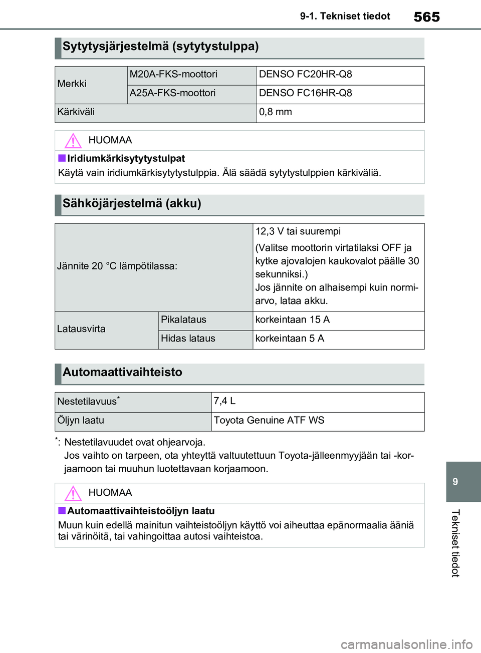 TOYOTA RAV4 2020  Omistajan Käsikirja (in Finnish) 565
9
9-1. Tekniset tiedot
Tekniset tiedot
*: Nestetilavuudet ovat ohjearvoja. 
Jos vaihto on tarpeen, ota yhteyttä valt uutettuun Toyota-jälleenmyyjään tai -kor-
jaamoon tai muuhun luotettavaan k