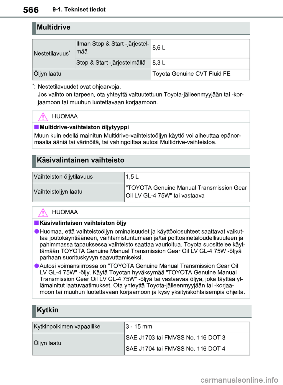 TOYOTA RAV4 2020  Omistajan Käsikirja (in Finnish) 5669-1. Tekniset tiedot
*: Nestetilavuudet ovat ohjearvoja.Jos vaihto on tarpeen, ota yhteyttä valt uutettuun Toyota-jälleenmyyjään tai -kor-
jaamoon tai muuhun luotettavaan korjaamoon.
Multidrive