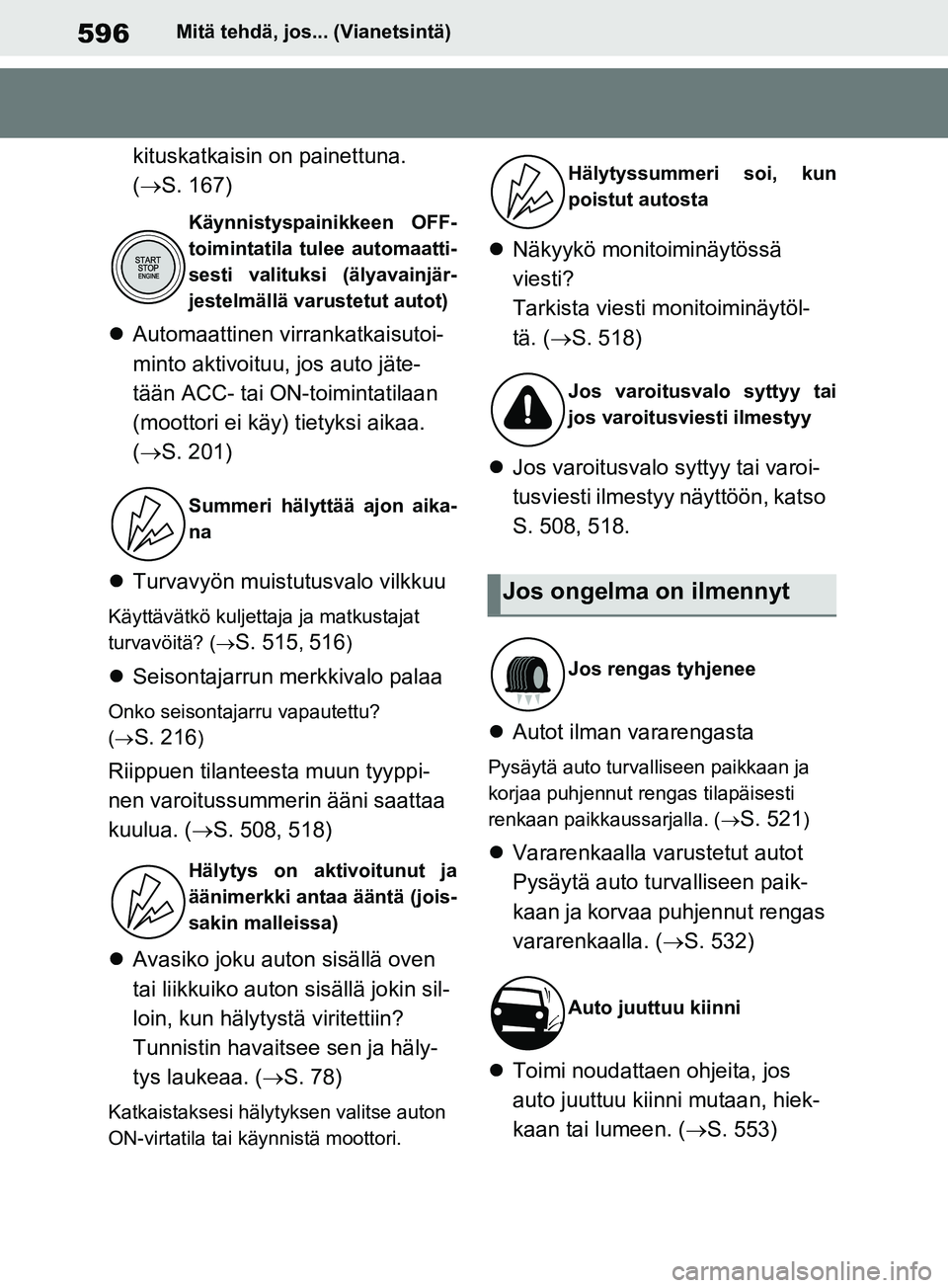 TOYOTA RAV4 2020 Omistajan Käsikirja (in Finnish) 596Mitä tehdä, jos... (Vianetsintä)
kituskatkaisin on painettuna.
( S. 167)
Automaattinen virrankatkaisutoi-
minto aktivoituu, jos auto jäte-
tään ACC- tai ON-toimintatilaan
(moottori e TOYOTA RAV4 2020 Omistajan Käsikirja (in Finnish) 596Mitä tehdä, jos... (Vianetsintä)
kituskatkaisin on painettuna.
( S. 167)
Automaattinen virrankatkaisutoi-
minto aktivoituu, jos auto jäte-
tään ACC- tai ON-toimintatilaan
(moottori e