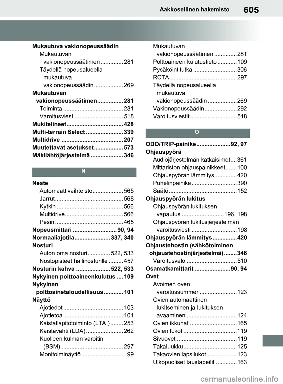 TOYOTA RAV4 2020  Omistajan Käsikirja (in Finnish) 605Aakkosellinen hakemisto
Mukautuva vakionopeussäädinMukautuvan vakionopeussäätimen .............. 281
Täydellä nopeusalueella  mukautuva 
vakionopeussäädin .. ................ 269
Mukautuvan