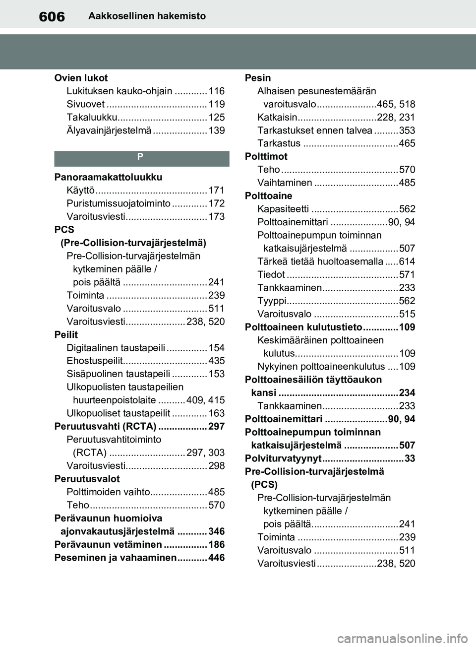 TOYOTA RAV4 2020  Omistajan Käsikirja (in Finnish) 606Aakkosellinen hakemisto
Ovien lukot Lukituksen kauko-ohjain ............ 116
Sivuovet ..................................... 119
Takaluukku................................. 125
Älyavainjärjestelm