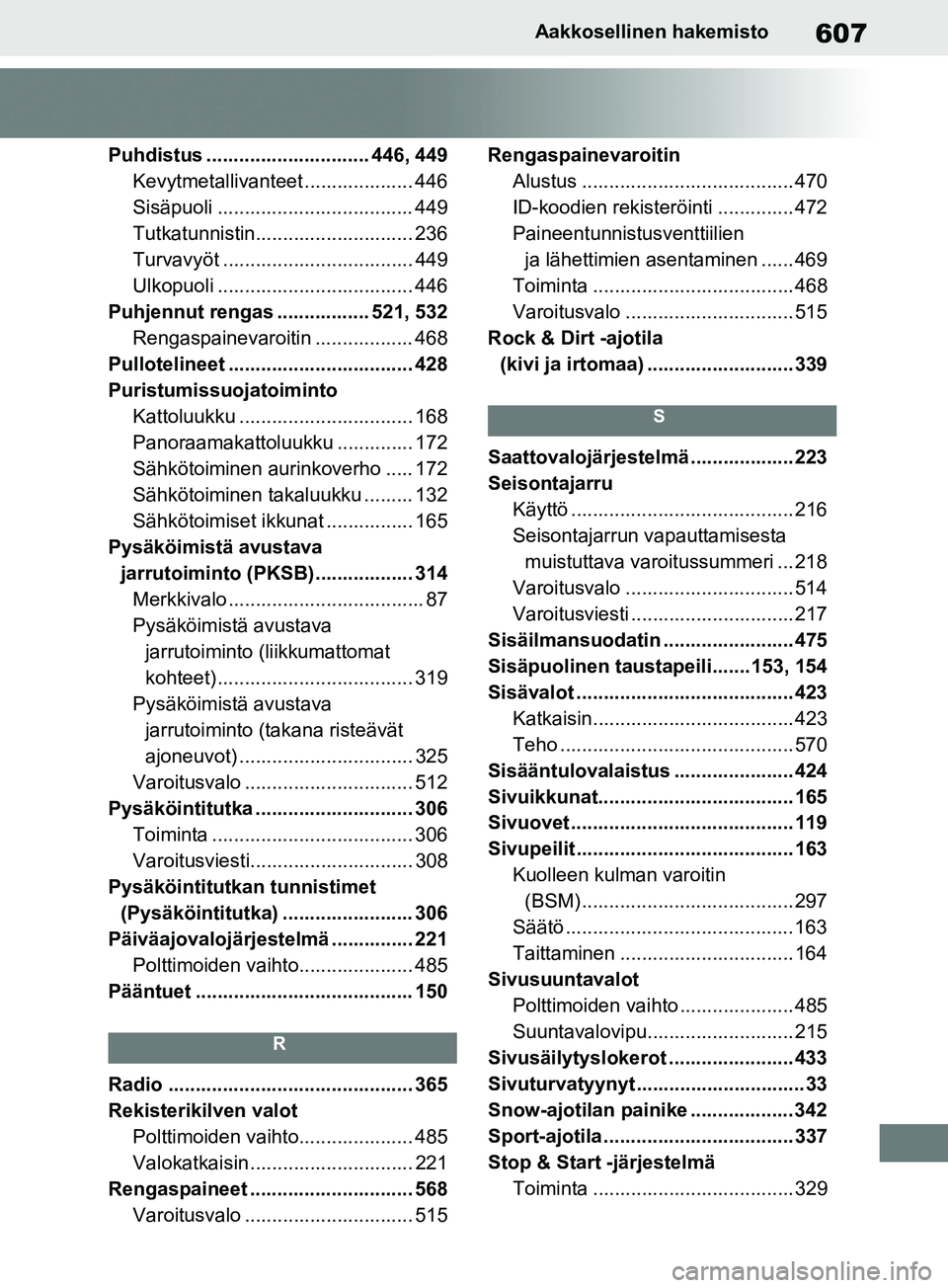 TOYOTA RAV4 2020  Omistajan Käsikirja (in Finnish) 607Aakkosellinen hakemisto
Puhdistus .............................. 446, 449Kevytmetallivanteet .................... 446
Sisäpuoli .................................... 449
Tutkatunnistin.............