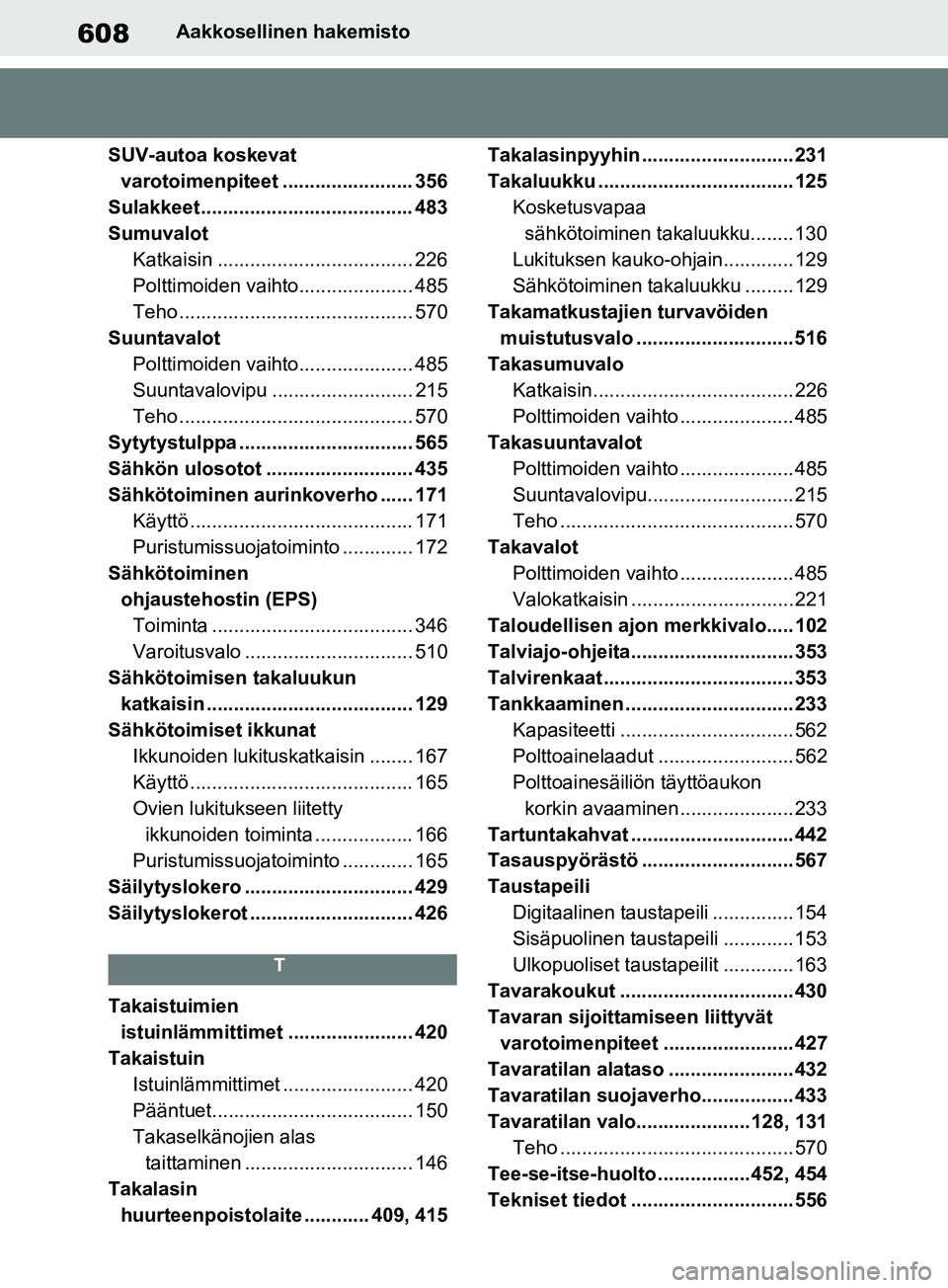 TOYOTA RAV4 2020  Omistajan Käsikirja (in Finnish) 608Aakkosellinen hakemisto
SUV-autoa koskevat  varotoimenpiteet ........................ 356
Sulakkeet ...... ............................. .... 483
Sumuvalot Katkaisin ...............................