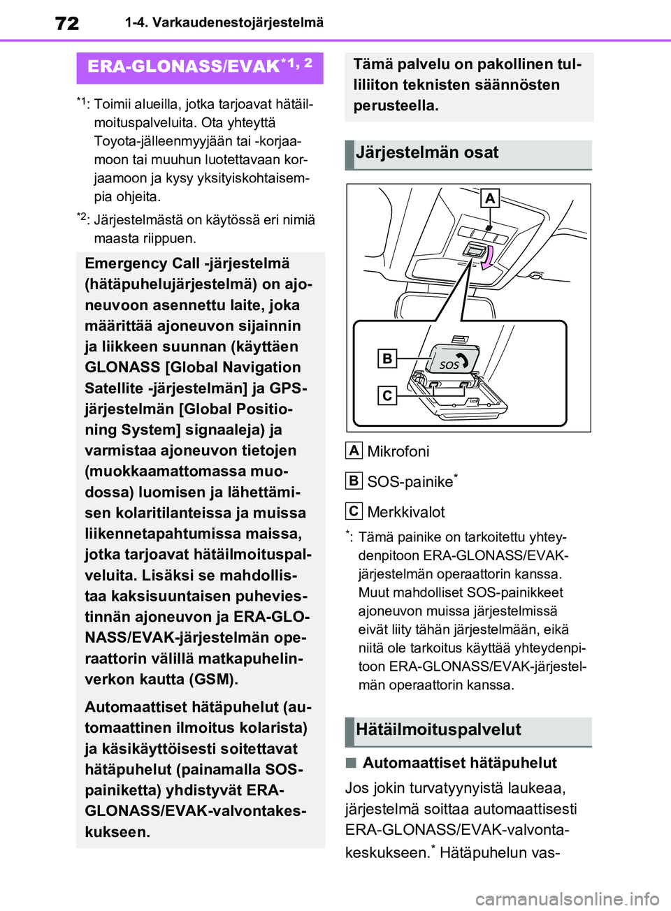 TOYOTA RAV4 2020 Omistajan Käsikirja (in Finnish) 721-4. Varkaudenestojärjestelmä
1-4.Varkaudenestojärjestelmä
*1: Toimii alueilla, jotka tarjoavat hätäil-moituspalveluita. Ota yhteyttä
Toyota-jälleenmyyjään tai -korjaa-
moon tai muuhun lu TOYOTA RAV4 2020 Omistajan Käsikirja (in Finnish) 721-4. Varkaudenestojärjestelmä
1-4.Varkaudenestojärjestelmä
*1: Toimii alueilla, jotka tarjoavat hätäil-moituspalveluita. Ota yhteyttä
Toyota-jälleenmyyjään tai -korjaa-
moon tai muuhun lu