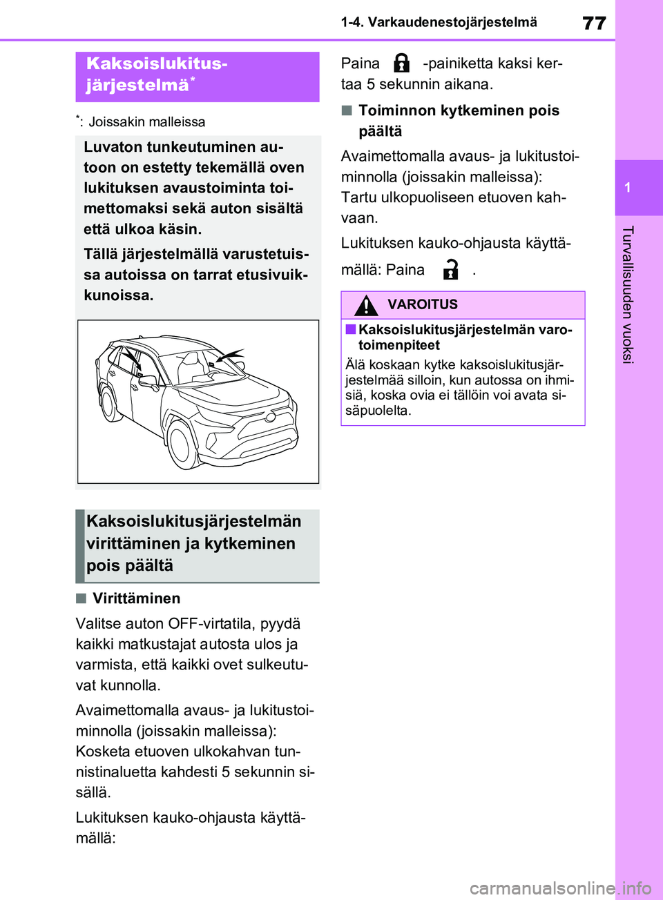 TOYOTA RAV4 2020 Omistajan Käsikirja (in Finnish) 77
1
1-4. Varkaudenestojärjestelmä
Turvallisuuden vuoksi
*: Joissakin malleissa
nVirittäminen
Valitse auton OFF-virtatila, pyydä
kaikki matkustajat autosta ulos ja
varmista, että kaikki ovet su TOYOTA RAV4 2020 Omistajan Käsikirja (in Finnish) 77
1
1-4. Varkaudenestojärjestelmä
Turvallisuuden vuoksi
*: Joissakin malleissa
nVirittäminen
Valitse auton OFF-virtatila, pyydä
kaikki matkustajat autosta ulos ja
varmista, että kaikki ovet su