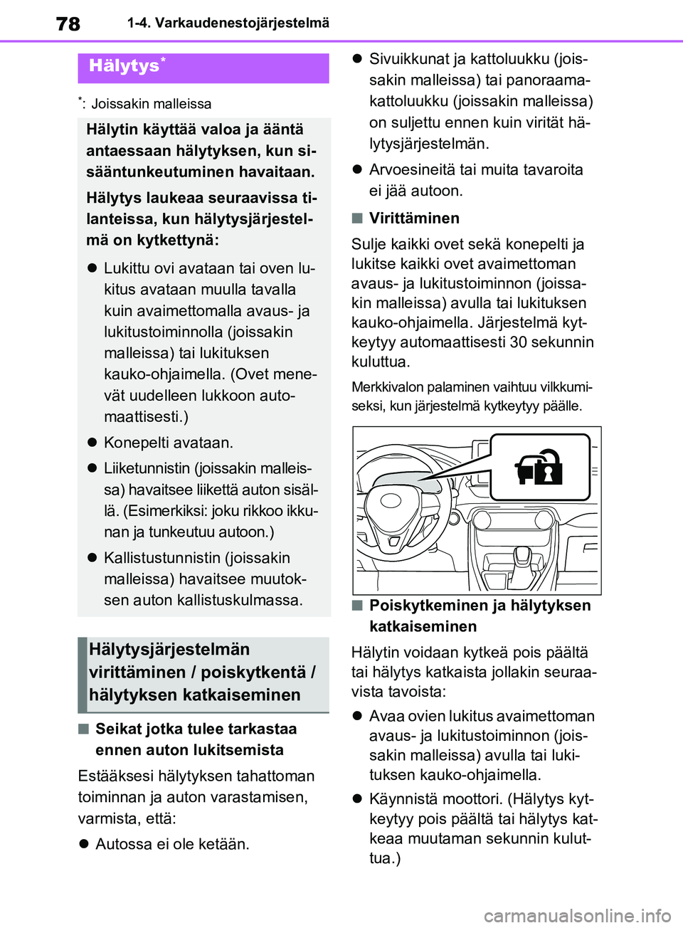 TOYOTA RAV4 2020 Omistajan Käsikirja (in Finnish) 781-4. Varkaudenestojärjestelmä
*: Joissakin malleissa
nSeikat jotka tulee tarkastaa
ennen auton lukitsemista
Estääksesi hälytyksen tahattoman
toiminnan ja auton varastamisen,
varmista, että: TOYOTA RAV4 2020 Omistajan Käsikirja (in Finnish) 781-4. Varkaudenestojärjestelmä
*: Joissakin malleissa
nSeikat jotka tulee tarkastaa
ennen auton lukitsemista
Estääksesi hälytyksen tahattoman
toiminnan ja auton varastamisen,
varmista, että: