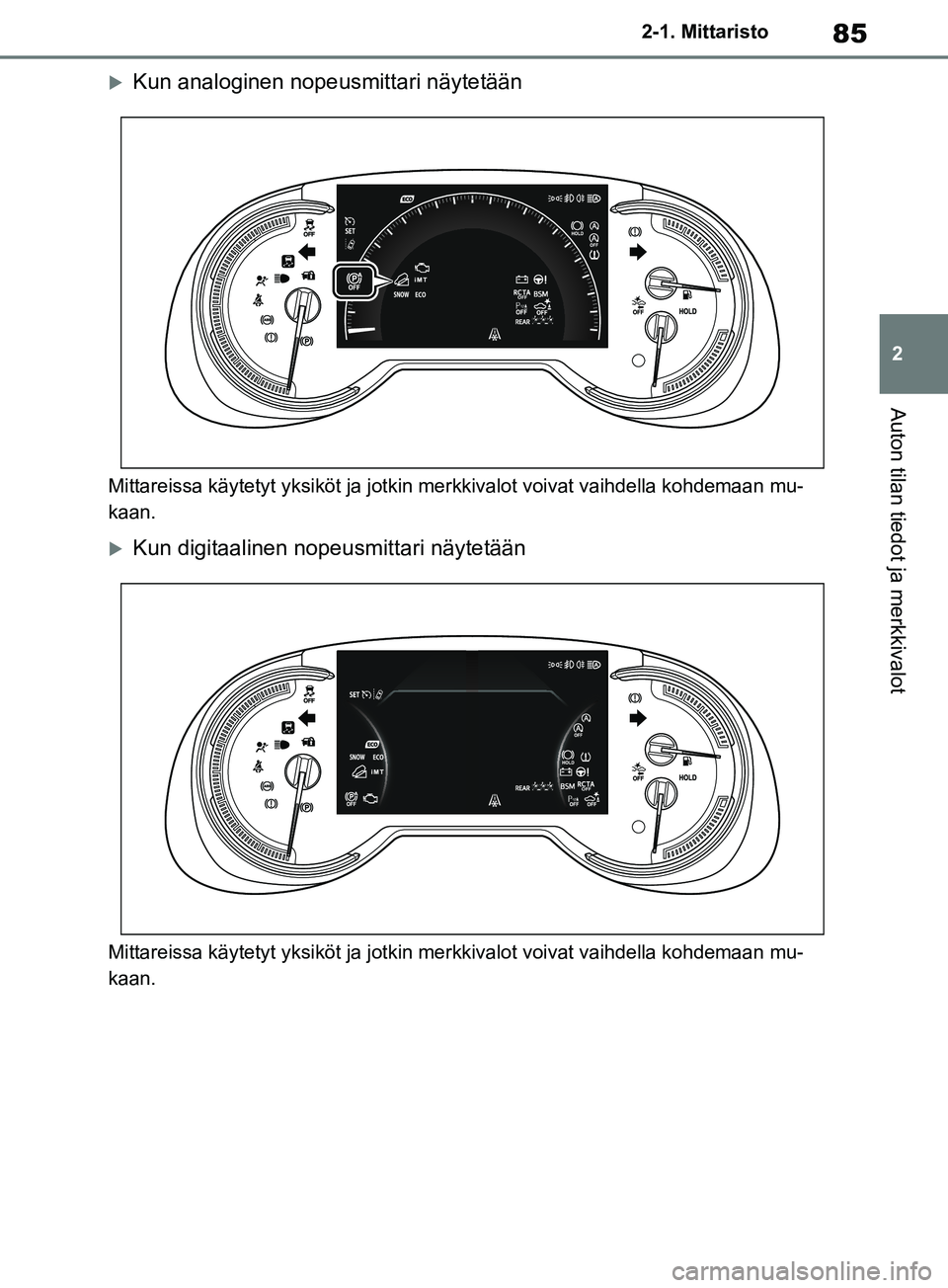 TOYOTA RAV4 2020 Omistajan Käsikirja (in Finnish) 85
2
2-1. Mittaristo
Auton tilan tiedot ja merkkivalot
Kun analoginen nopeusmittari näytetään
Mittareissa käytetyt yksiköt
ja jotkin merkkivalot voivat vaihdella kohdemaan mu-
kaan.
Kun di TOYOTA RAV4 2020 Omistajan Käsikirja (in Finnish) 85
2
2-1. Mittaristo
Auton tilan tiedot ja merkkivalot
Kun analoginen nopeusmittari näytetään
Mittareissa käytetyt yksiköt
ja jotkin merkkivalot voivat vaihdella kohdemaan mu-
kaan.
Kun di
