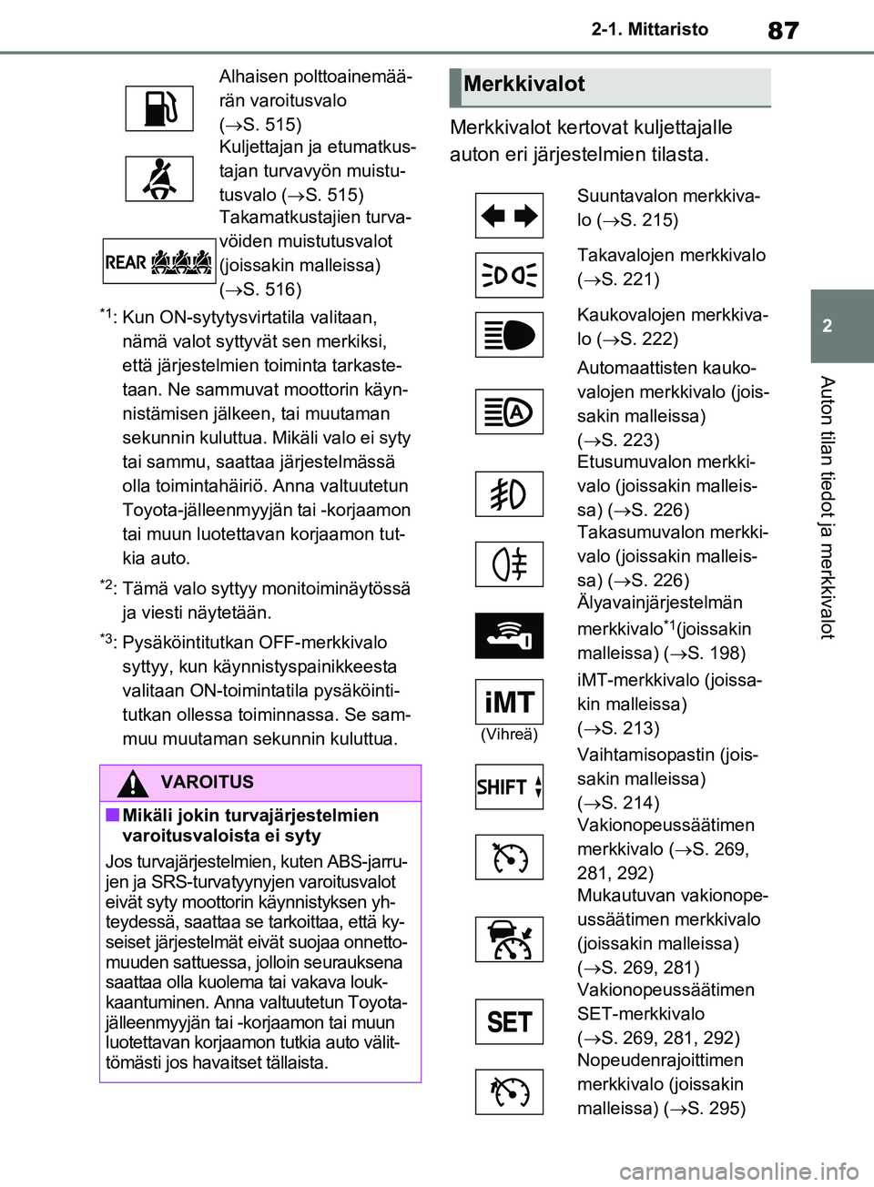 TOYOTA RAV4 2020 Omistajan Käsikirja (in Finnish) 87
2
2-1. Mittaristo
Auton tilan tiedot ja merkkivalot
*1: Kun ON-sytytysvirtatila valitaan,
nämä valot syttyvä t sen merkiksi,
että järjestelmien toiminta tarkaste-
taan. Ne sammuvat moottorin TOYOTA RAV4 2020 Omistajan Käsikirja (in Finnish) 87
2
2-1. Mittaristo
Auton tilan tiedot ja merkkivalot
*1: Kun ON-sytytysvirtatila valitaan,
nämä valot syttyvä t sen merkiksi,
että järjestelmien toiminta tarkaste-
taan. Ne sammuvat moottorin