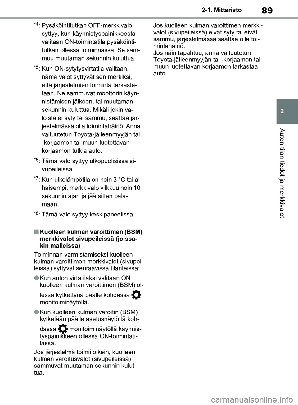 TOYOTA RAV4 2020 Omistajan Käsikirja (in Finnish) 89
2
2-1. Mittaristo
Auton tilan tiedot ja merkkivalot
*4: Pysäköintitutkan OFF-merkkivalo
syttyy, kun käynnistyspainikkeesta
valitaan ON-toimintatila pysäköinti-
tutkan ollessa toiminnassa. Se TOYOTA RAV4 2020 Omistajan Käsikirja (in Finnish) 89
2
2-1. Mittaristo
Auton tilan tiedot ja merkkivalot
*4: Pysäköintitutkan OFF-merkkivalo
syttyy, kun käynnistyspainikkeesta
valitaan ON-toimintatila pysäköinti-
tutkan ollessa toiminnassa. Se