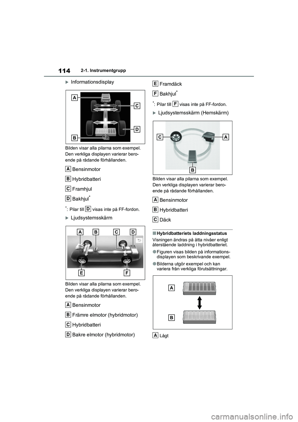 TOYOTA RAV4 2020  Bruksanvisningar (in Swedish) 1142-1. Instrumentgrupp
OM42D32SE
Informationsdisplay
Bilden visar alla pilarna som exempel. 
Den verkliga displayen varierar bero-
ende på rådande förhållanden.
Bensinmotor
Hybridbatteri 
Fram
