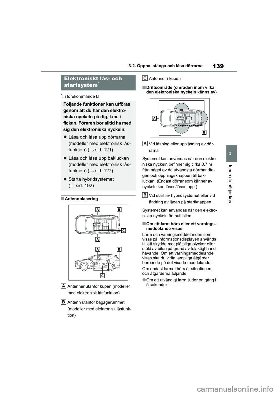 TOYOTA RAV4 2020  Bruksanvisningar (in Swedish) 139
3
3-2. Öppna, stänga och låsa dörrarna
Innan du börjar köra
OM42D32SE
*: i förekommande fall
■Antennplacering
Antenner utanför kupén (modeller 
med elektronisk låsfunktion)
Antenn utan