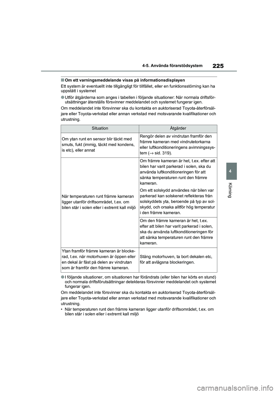 TOYOTA RAV4 2020 Bruksanvisningar (in Swedish) 225
4
4-5. Använda förarstödsystem
Körning
OM42D32SE
■Om ett varningsmeddelande vis
as på informationsdisplayen
Ett system är eventuellt inte tillgängligt för tillfället, elle r en funktion TOYOTA RAV4 2020 Bruksanvisningar (in Swedish) 225
4
4-5. Använda förarstödsystem
Körning
OM42D32SE
■Om ett varningsmeddelande vis
as på informationsdisplayen
Ett system är eventuellt inte tillgängligt för tillfället, elle r en funktion