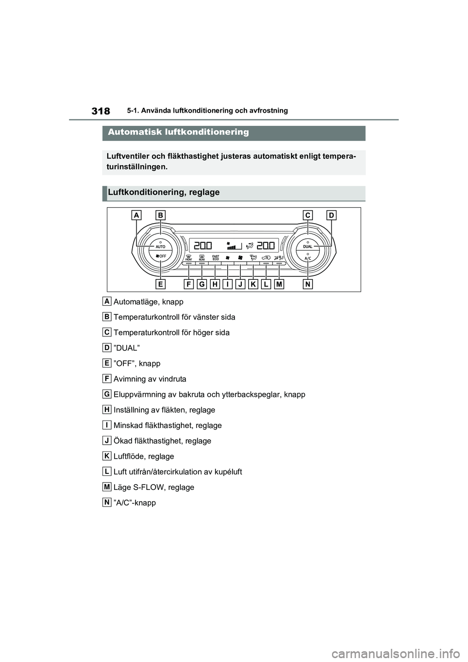 TOYOTA RAV4 2020  Bruksanvisningar (in Swedish) 3185-1. Använda luftkonditionering och avfrostning
OM42D32SE
5-1.Använda luftkonditionering och avfrostning
Automatläge, knapp
Temperaturkontroll för vänster sida
Temperaturkontroll för höger s