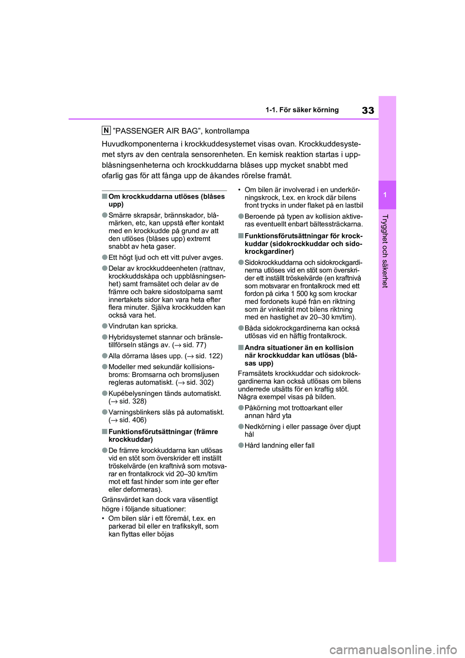 TOYOTA RAV4 2020 Bruksanvisningar (in Swedish) 33
1
1-1. För säker körning
Trygghet och säkerhet
OM42D32SE
”PASSENGER AIR BAG”, kontrollampa
Huvudkomponenterna i krockkuddesystemet visas ovan. Krockkuddes yste-
met styrs av den centrala se TOYOTA RAV4 2020 Bruksanvisningar (in Swedish) 33
1
1-1. För säker körning
Trygghet och säkerhet
OM42D32SE
”PASSENGER AIR BAG”, kontrollampa
Huvudkomponenterna i krockkuddesystemet visas ovan. Krockkuddes yste-
met styrs av den centrala se