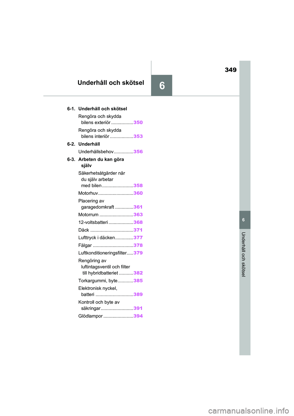 TOYOTA RAV4 2020  Bruksanvisningar (in Swedish) 6
349
6
Underhåll och skötsel
OM42D32SE
Underhåll och skötsel
6-1. Underhåll och skötselRengöra och skydda bilens exteriör ................. 350
Rengöra och skydda  bilens interiör .........