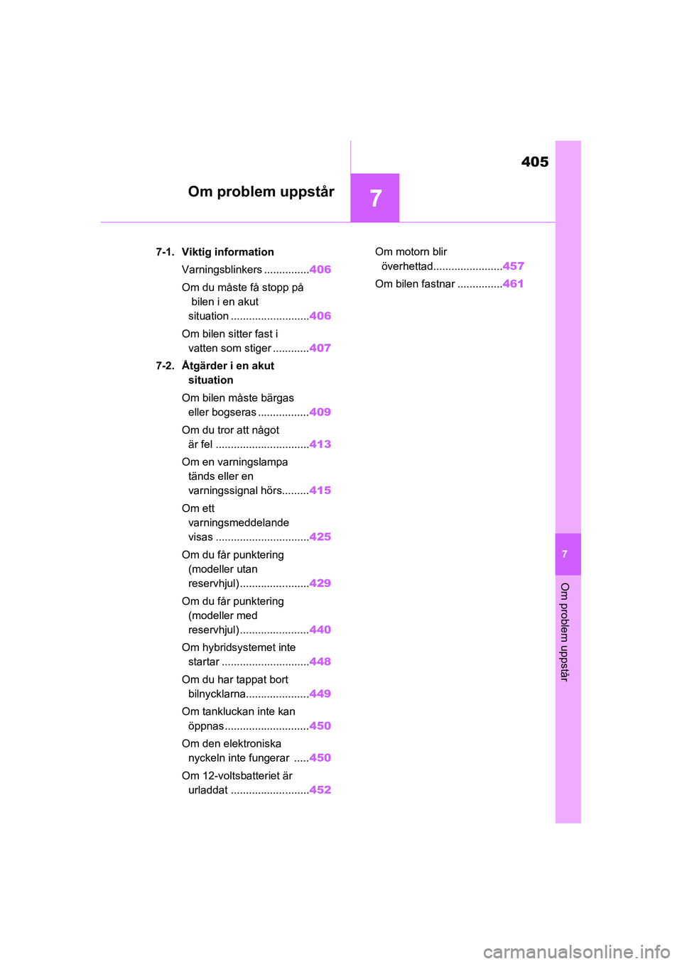 TOYOTA RAV4 2020 Bruksanvisningar (in Swedish) 7
405
7
Om problem uppstår
OM42D32SE
Om problem uppstår
7-1. Viktig informationVarningsblinkers ............... 406
Om du måste få stopp på bilen i en akut
situation .......................... TOYOTA RAV4 2020 Bruksanvisningar (in Swedish) 7
405
7
Om problem uppstår
OM42D32SE
Om problem uppstår
7-1. Viktig informationVarningsblinkers ............... 406
Om du måste få stopp på bilen i en akut
situation ..........................