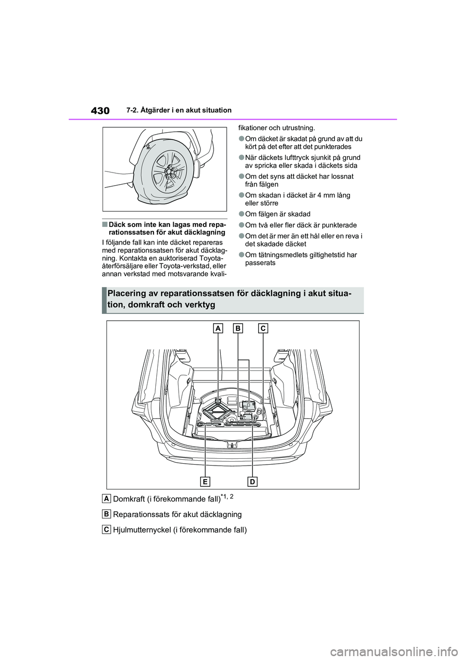 TOYOTA RAV4 2020  Bruksanvisningar (in Swedish) 4307-2. Åtgärder i en akut situation
OM42D32SE
■Däck som inte kan lagas med repa-
rationssatsen för akut däcklagning
I följande fall kan inte däcket repareras 
med reparationssatsen för akut