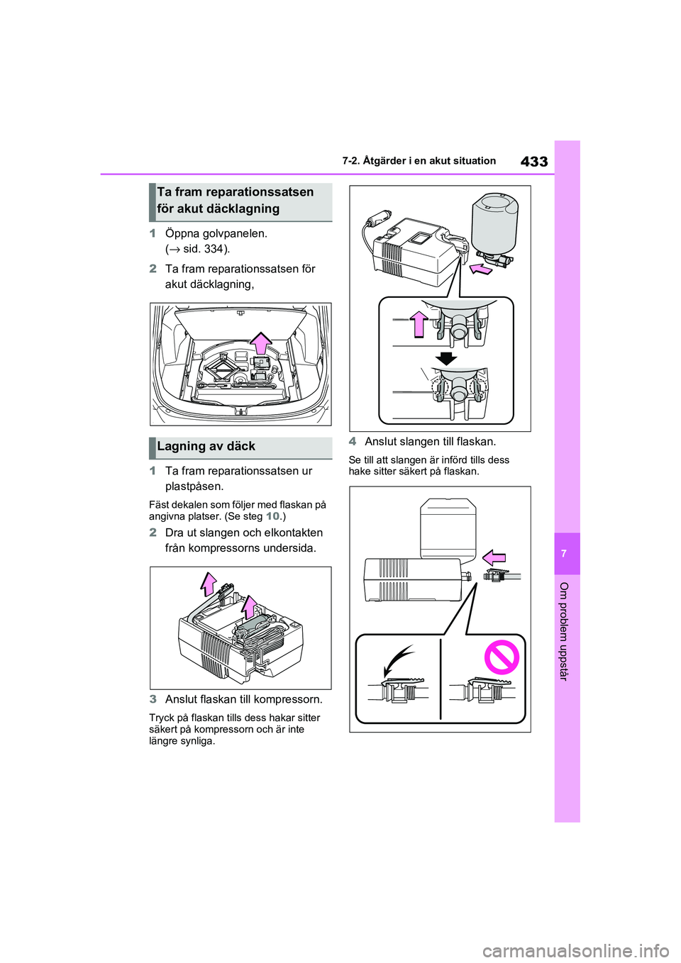 TOYOTA RAV4 2020  Bruksanvisningar (in Swedish) 433
7
7-2. Åtgärder i en akut situation
Om problem uppstår
OM42D32SE
1
Öppna golvpanelen. 
(→ sid. 334).
2 Ta fram reparationssatsen för 
akut däcklagning,
1 Ta fram reparationssatsen ur 
plas