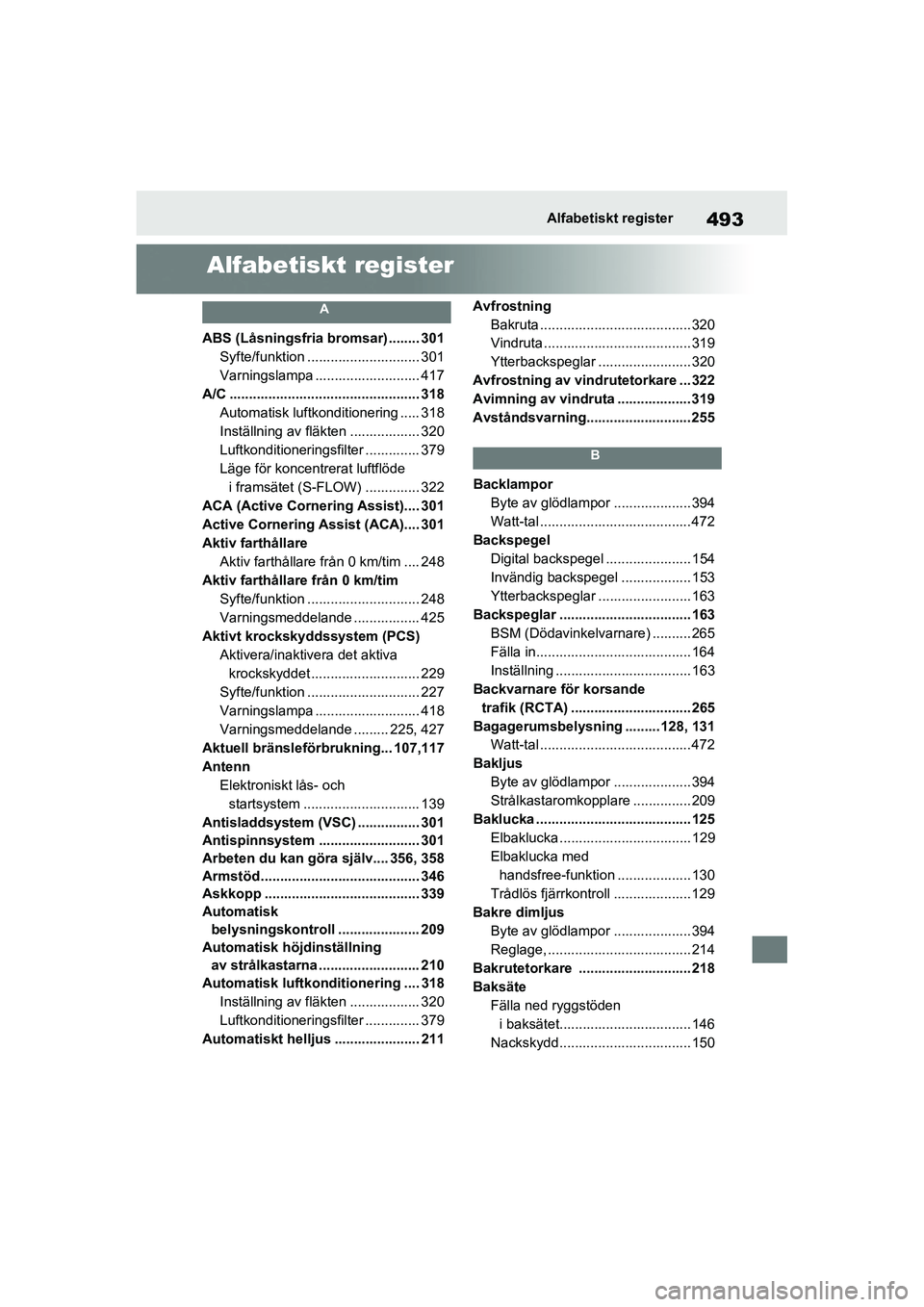 TOYOTA RAV4 2020 Bruksanvisningar (in Swedish) 493Alfabetiskt register
OM42D32SE
Alfabetiskt register
A
ABS (Låsningsfria bromsar) ........ 301Syfte/funktion ............................. 301
Varningslampa ........................... 417
A/C .... TOYOTA RAV4 2020 Bruksanvisningar (in Swedish) 493Alfabetiskt register
OM42D32SE
Alfabetiskt register
A
ABS (Låsningsfria bromsar) ........ 301Syfte/funktion ............................. 301
Varningslampa ........................... 417
A/C ....
